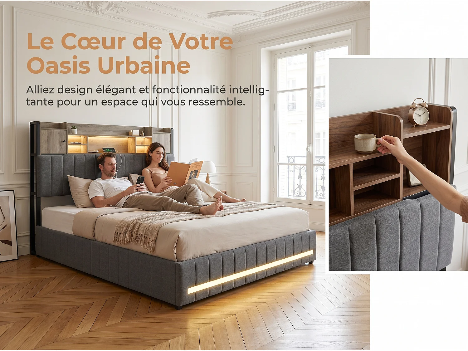 Lit coffre 140x190 cm en lin gris avec rangements, lit double avec tiroirs, tête de lit avec étagère LED intégrée, sommier inclus