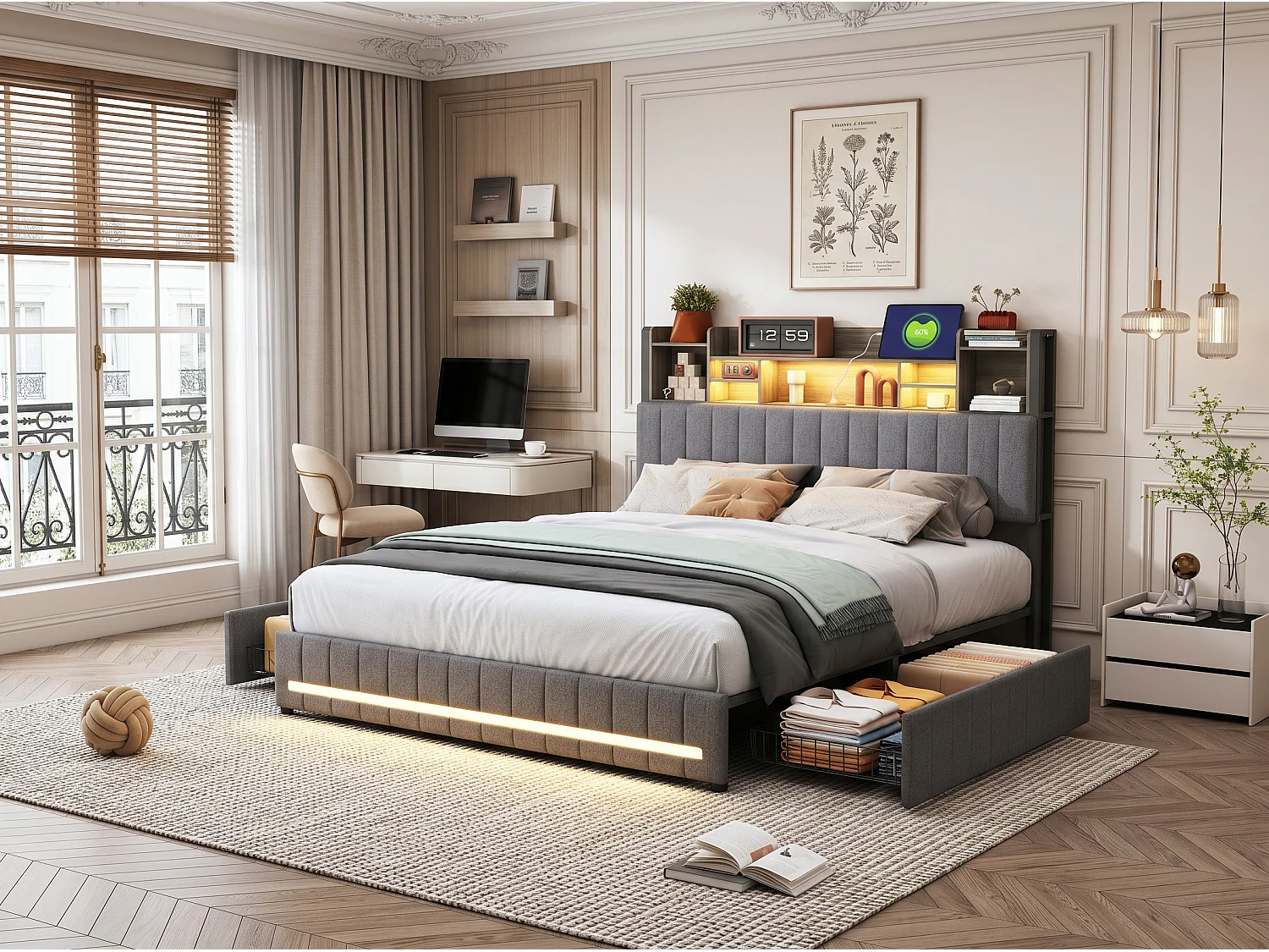 Lit coffre 140x190 cm en lin gris avec rangements, lit double avec tiroirs, tête de lit avec étagère LED intégrée, sommier inclus