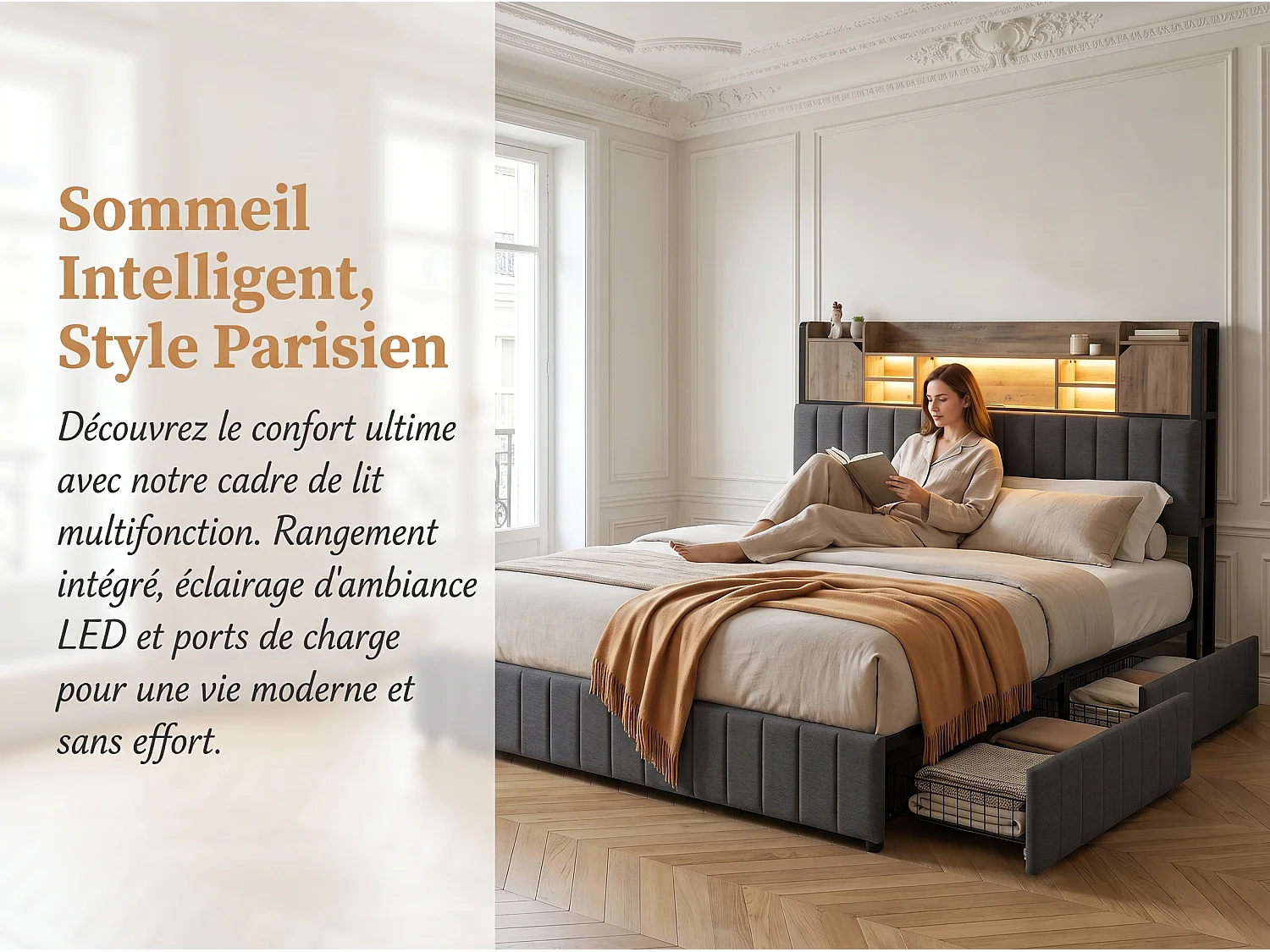 Lit coffre 140x190 cm en lin gris avec rangements, lit double avec tiroirs, tête de lit avec étagère LED intégrée, sommier inclus