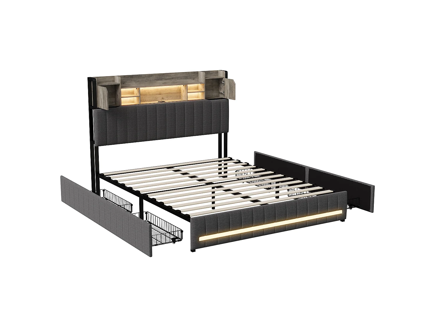 Lit coffre 140x190 cm en lin gris avec rangements, lit double avec tiroirs, tête de lit avec étagère LED intégrée, sommier inclus
