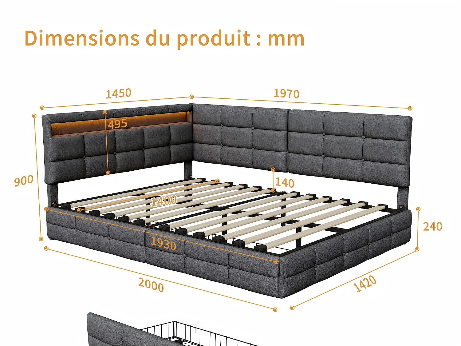 Lit coffre 140x190 cm gris avec rangement, lit double rembourré avec 2 tiroirs, tête de lit avec étagère et sommier à lattes inclus
