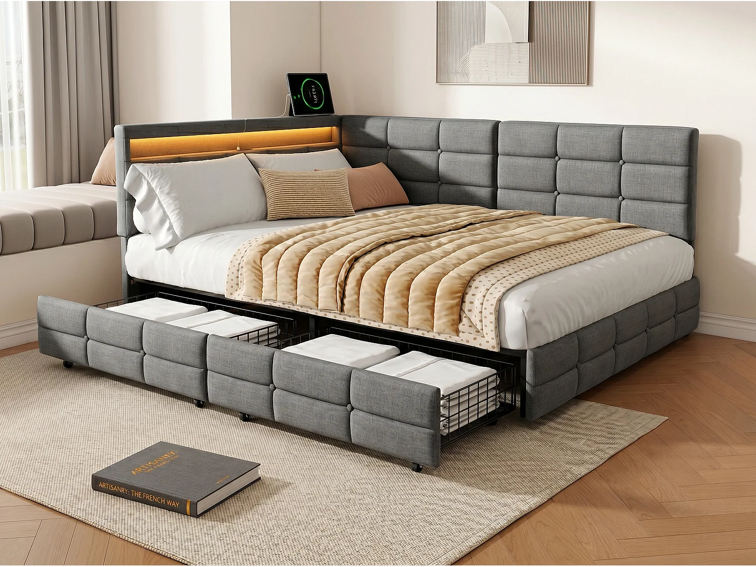 Lit coffre 140x190 cm gris avec rangement, lit double rembourré avec 2 tiroirs, tête de lit avec étagère et sommier à lattes inclus