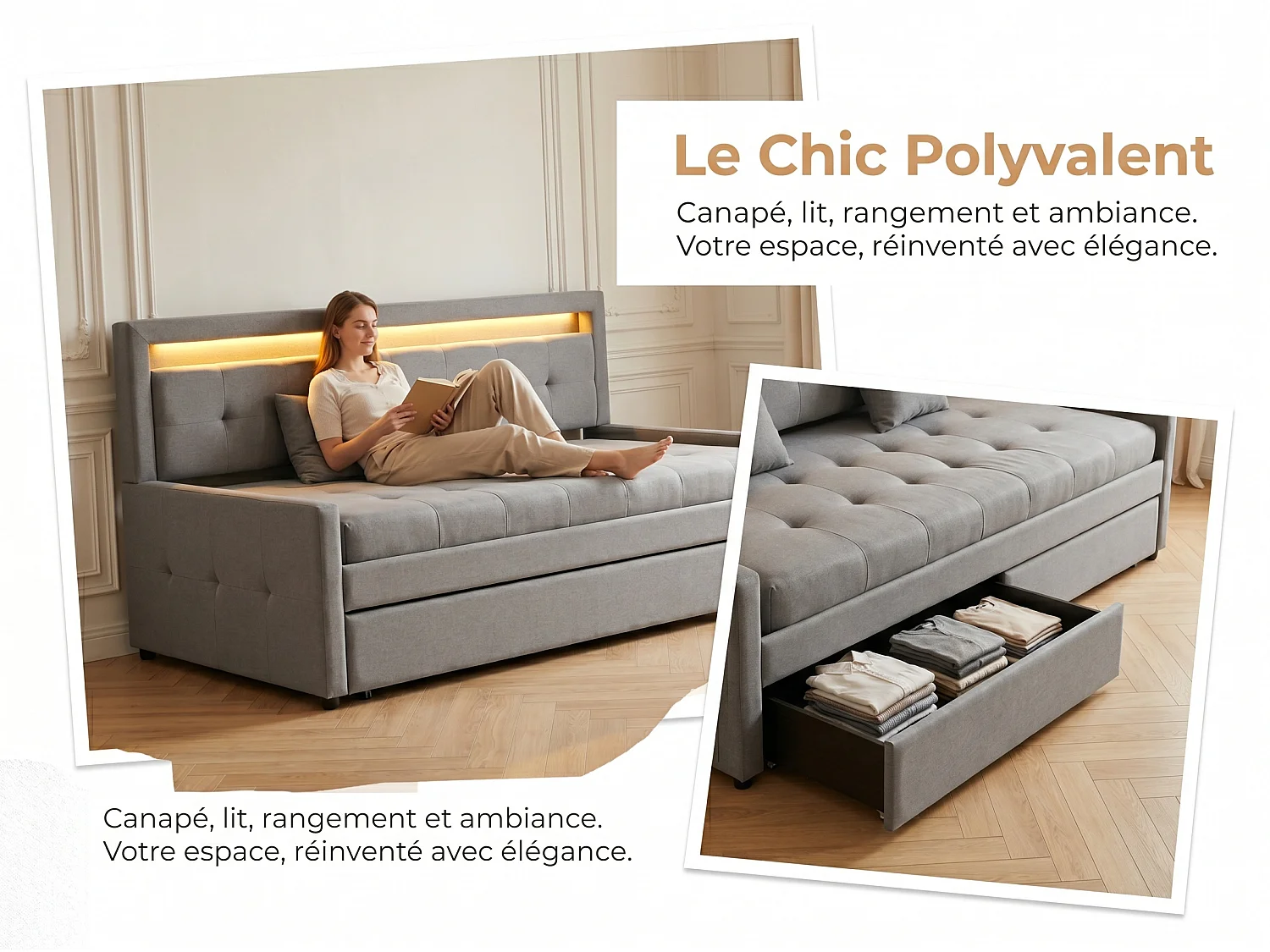 Lit coffre 140x190 cm gris avec rangement, lit double rembourré avec 2 tiroirs, tête de lit avec étagère et sommier à lattes inclus