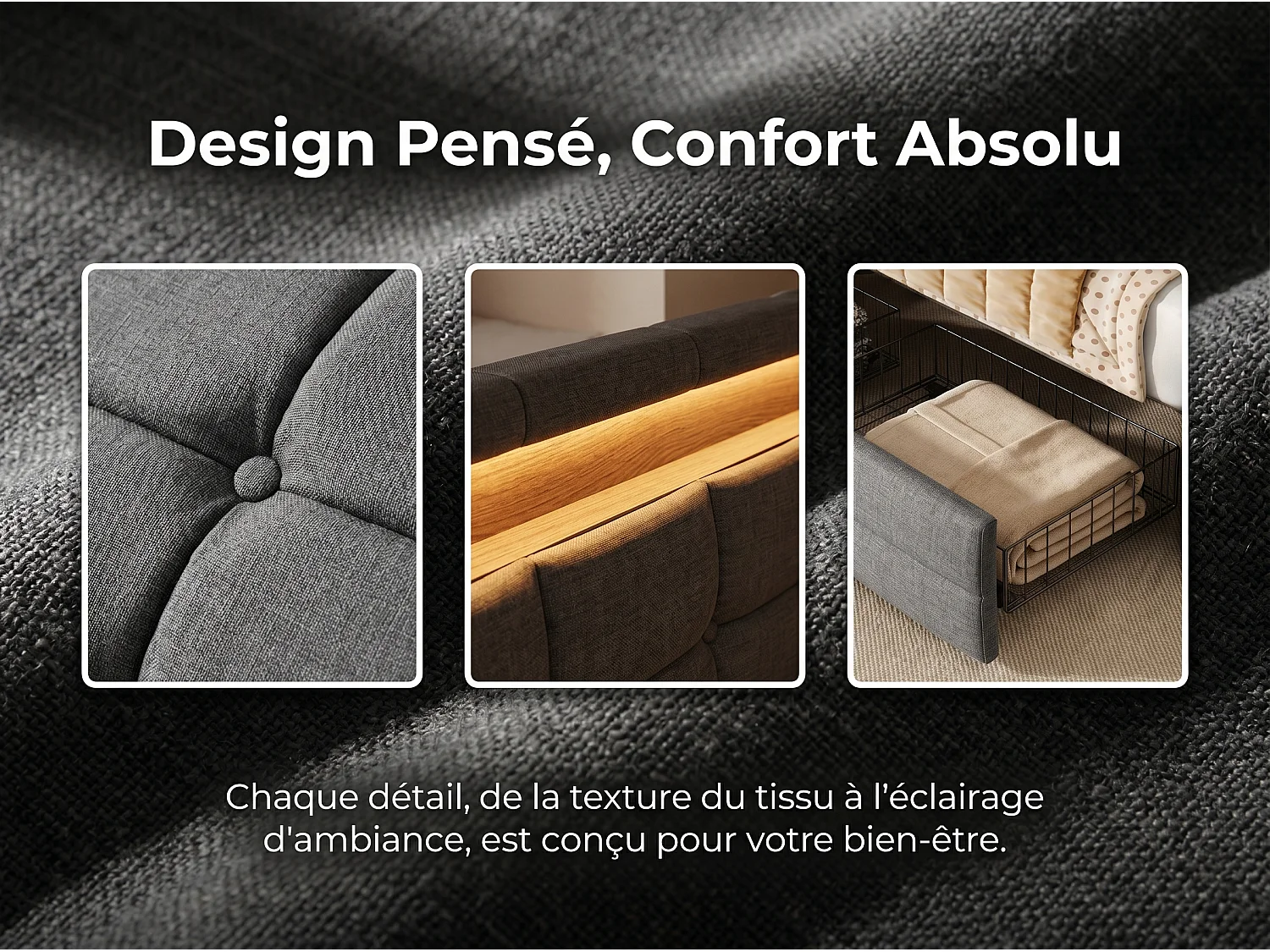 Lit coffre 140x190 cm gris avec rangement, lit double rembourré avec 2 tiroirs, tête de lit avec étagère et sommier à lattes inclus