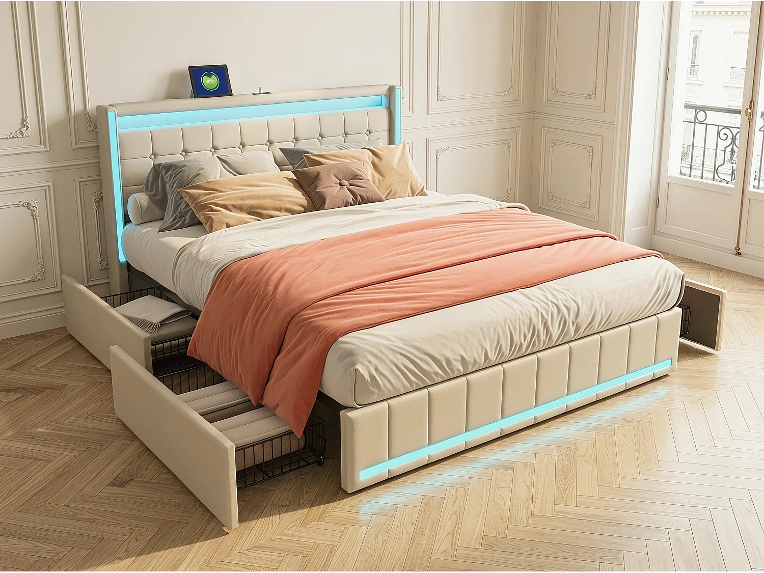 Lit coffre 140x190 cm gris avec rangement, lit double rembourré avec 2 tiroirs, tête de lit avec étagère et sommier à lattes inclus