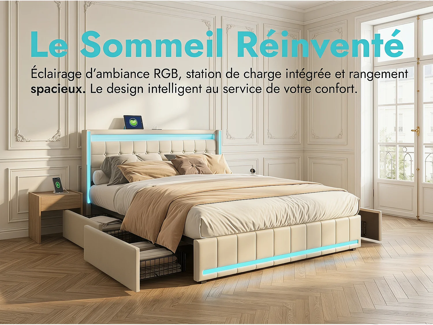 Lit coffre 140x190 cm gris avec rangement, lit double rembourré avec 2 tiroirs, tête de lit avec étagère et sommier à lattes inclus