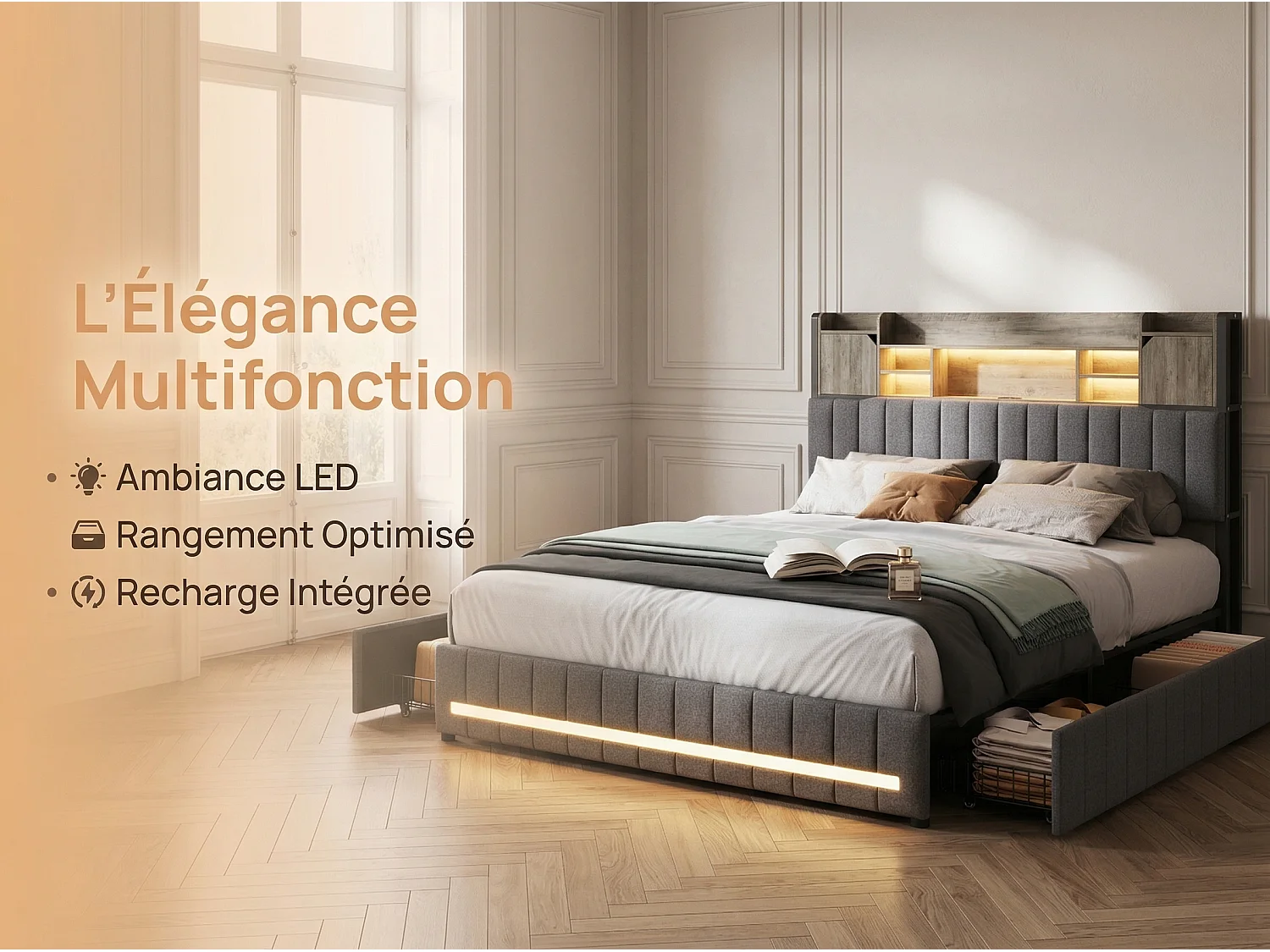 Lit coffre 140x200 cm en lin gris avec rangements, lit double avec tiroirs, tête de lit avec étagère LED intégrée, sommier inclus