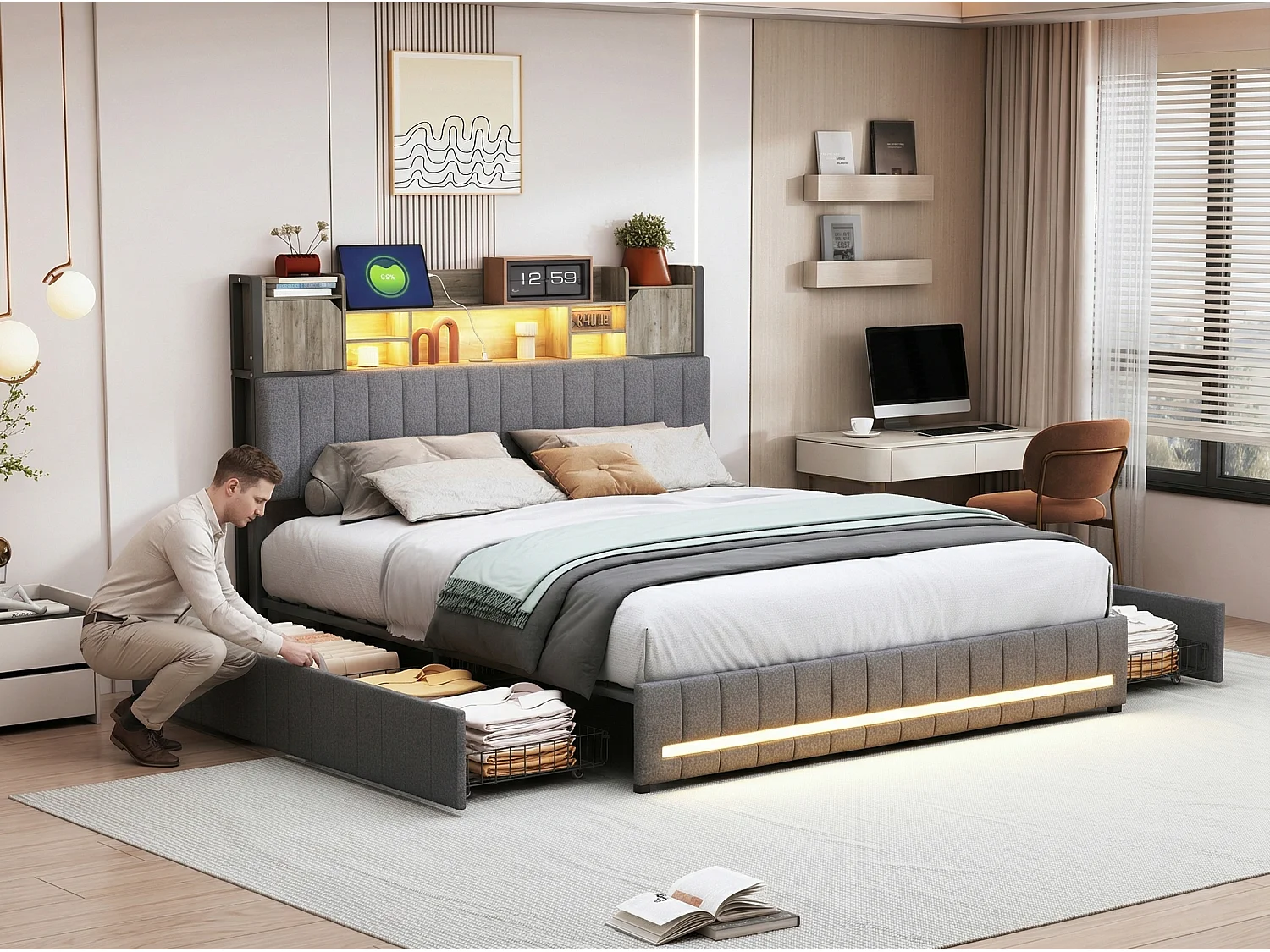 Lit coffre 140x200 cm en lin gris avec rangements, lit double avec tiroirs, tête de lit avec étagère LED intégrée, sommier inclus