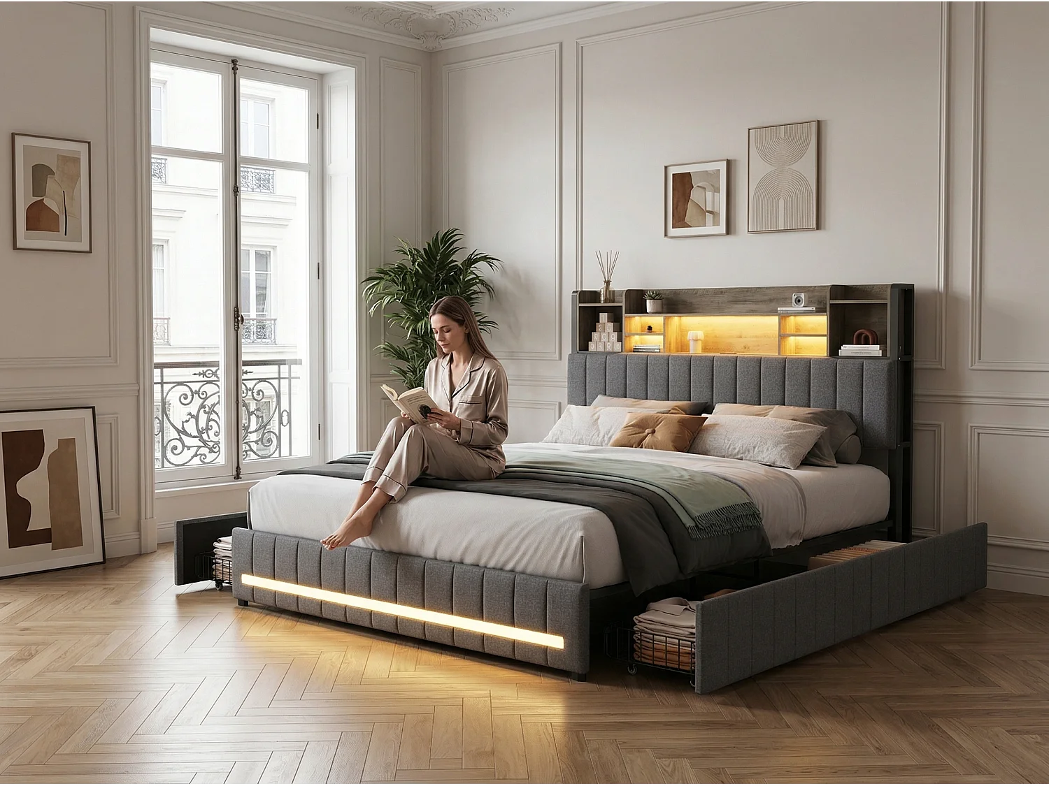Lit coffre 140x200 cm en lin gris avec rangements, lit double avec tiroirs, tête de lit avec étagère LED intégrée, sommier inclus