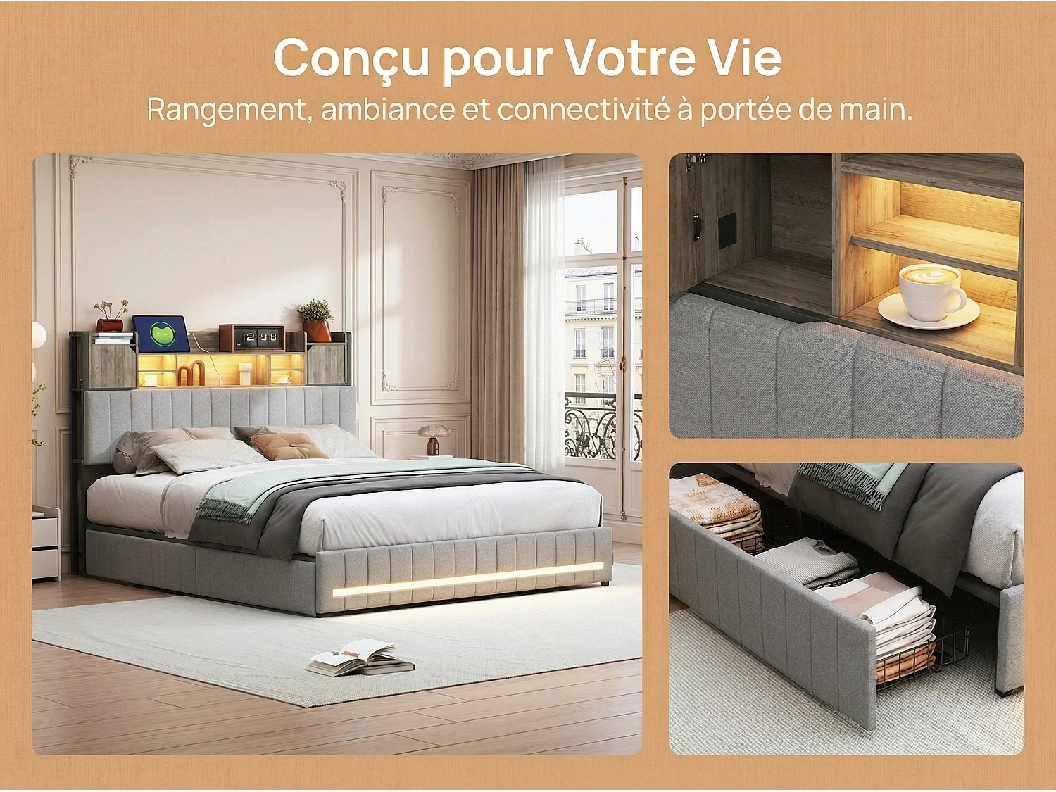 Lit coffre 140x200 cm en lin gris avec rangements, lit double avec tiroirs, tête de lit avec étagère LED intégrée, sommier inclus