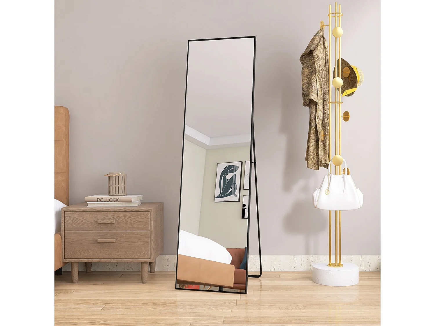 Miroir sur pied 140 x 40 cm - cadre fin en métal - grand miroir plein pied - noir