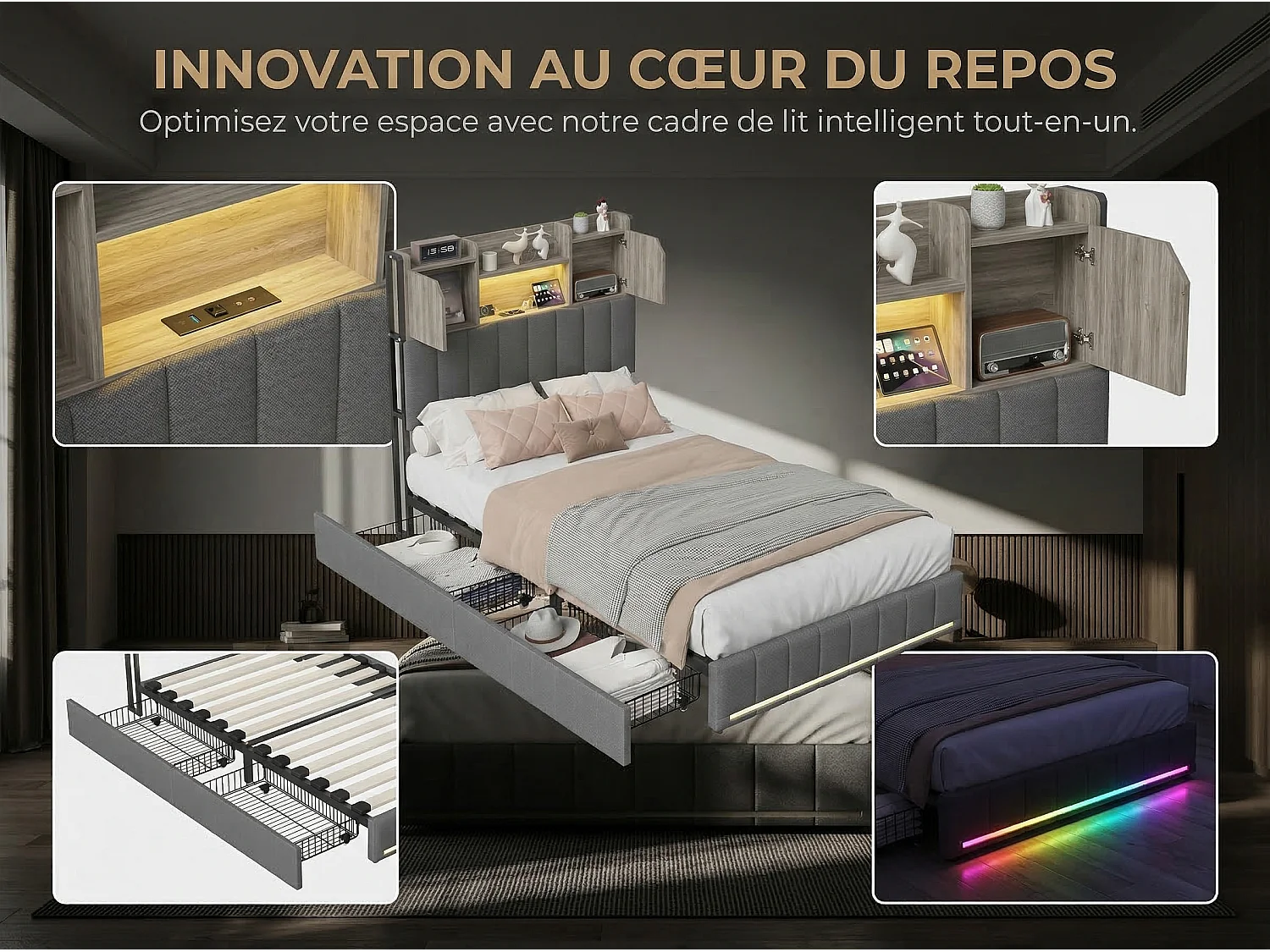 Lit coffre 90x200 cm en lin gris avec rangements, lit double avec tiroirs, tête de lit avec étagère LED intégrée, sommier inclus