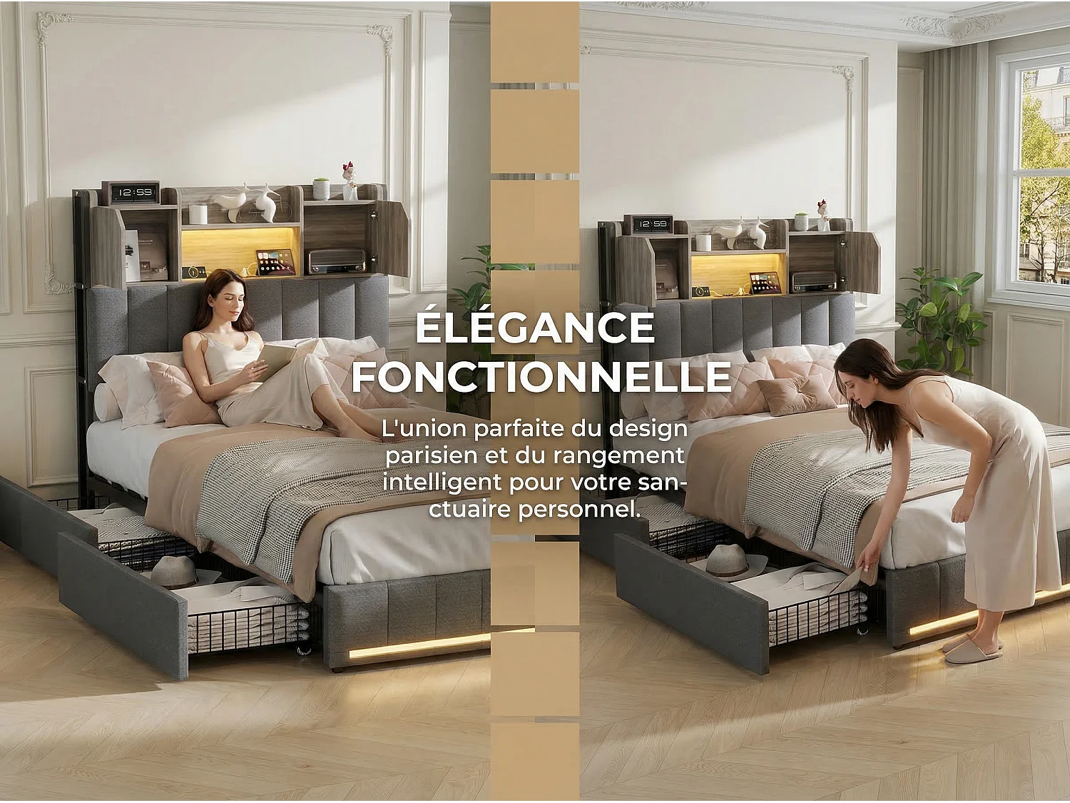 Lit coffre 90x200 cm en lin gris avec rangements, lit double avec tiroirs, tête de lit avec étagère LED intégrée, sommier inclus