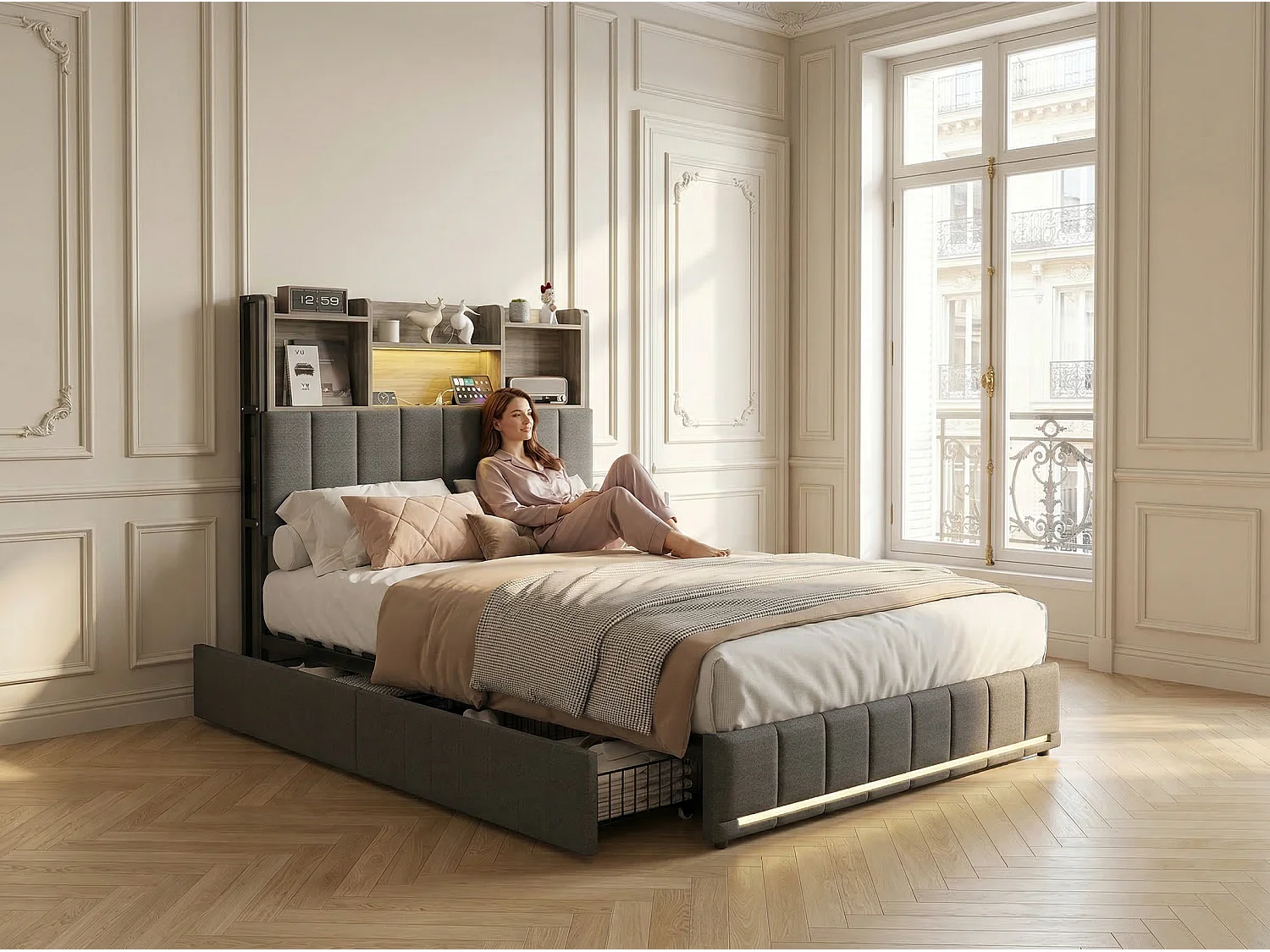 Lit coffre 90x200 cm en lin gris avec rangements, lit double avec tiroirs, tête de lit avec étagère LED intégrée, sommier inclus