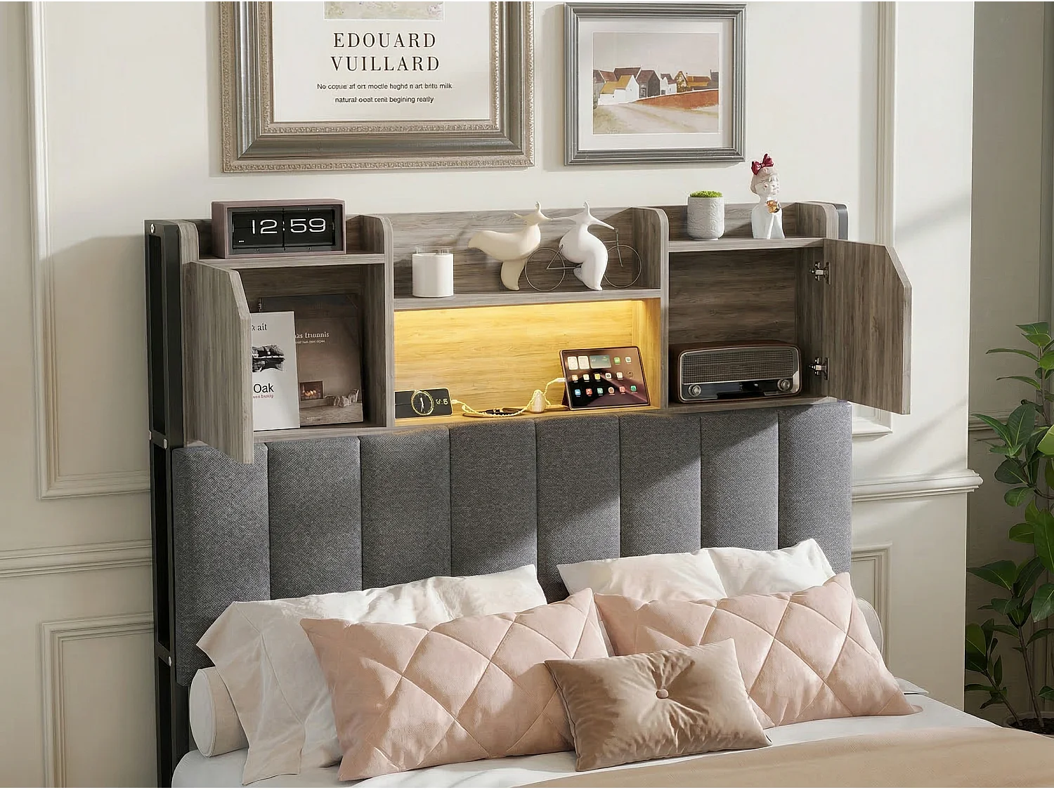 Lit coffre 90x200 cm en lin gris avec rangements, lit double avec tiroirs, tête de lit avec étagère LED intégrée, sommier inclus