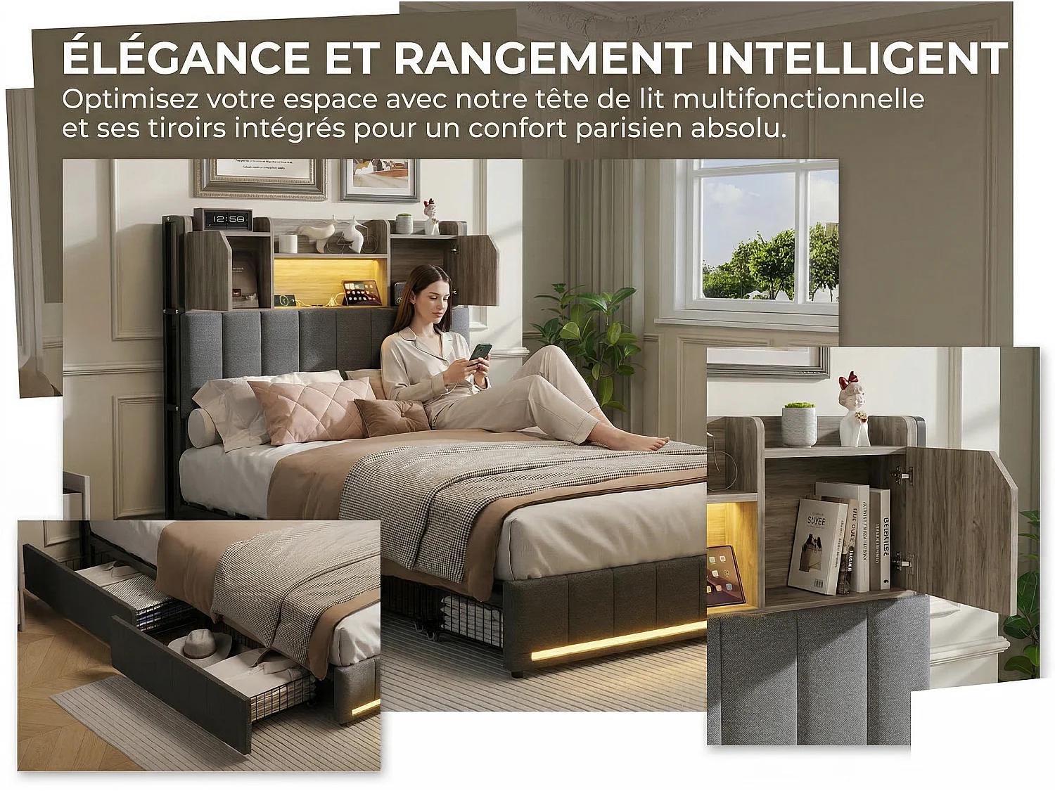 Lit coffre 90x200 cm en lin gris avec rangements, lit double avec tiroirs, tête de lit avec étagère LED intégrée, sommier inclus