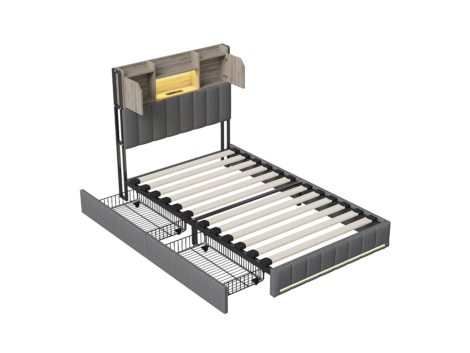 Lit coffre 90x200 cm en lin gris avec rangements, lit double avec tiroirs, tête de lit avec étagère LED intégrée, sommier inclus