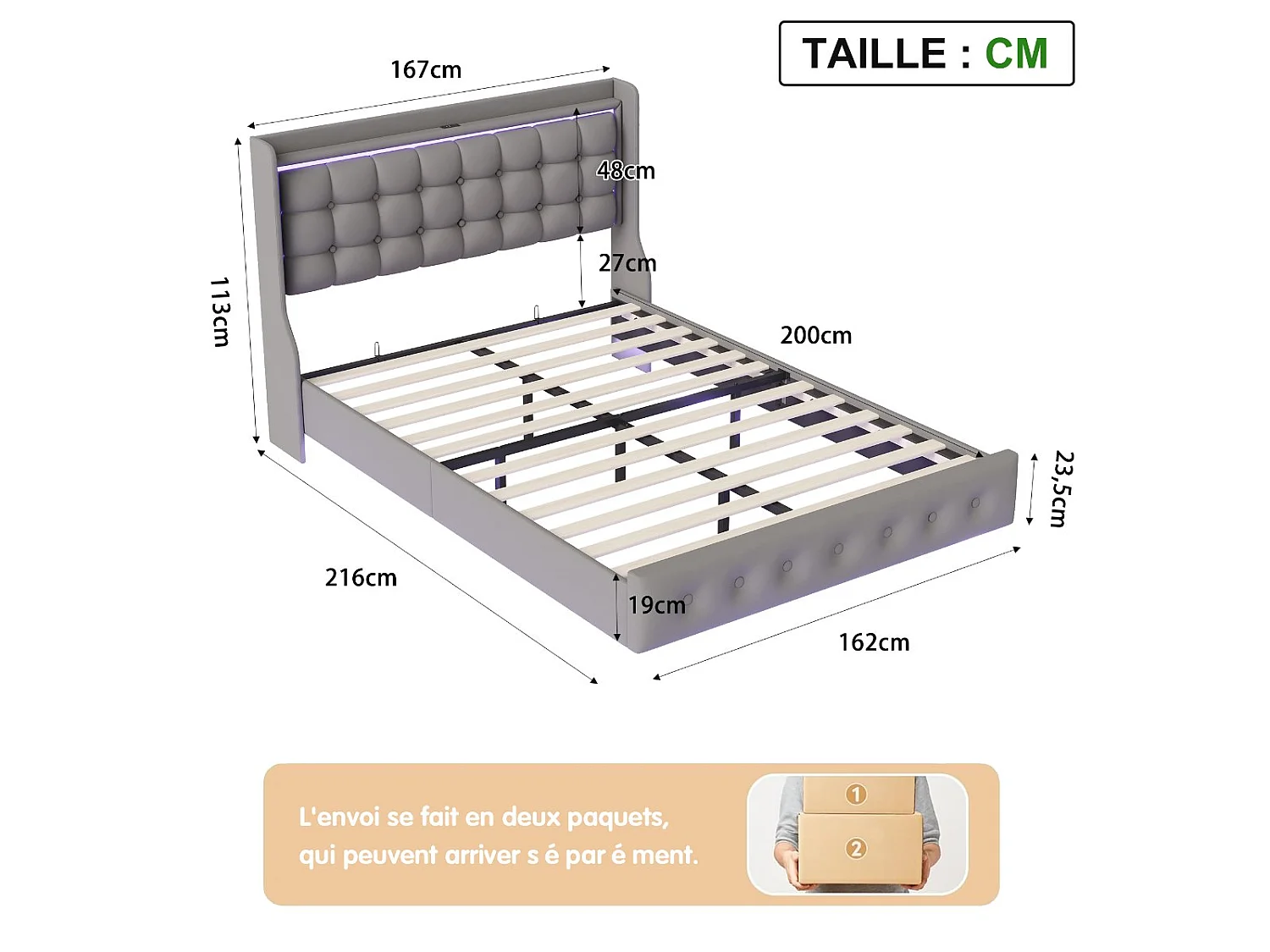 Lit flottant 140x200 cm Gris, lit double rembourré avec LED intégrée, tête de lit capitonnée, sommier à lattes inclus