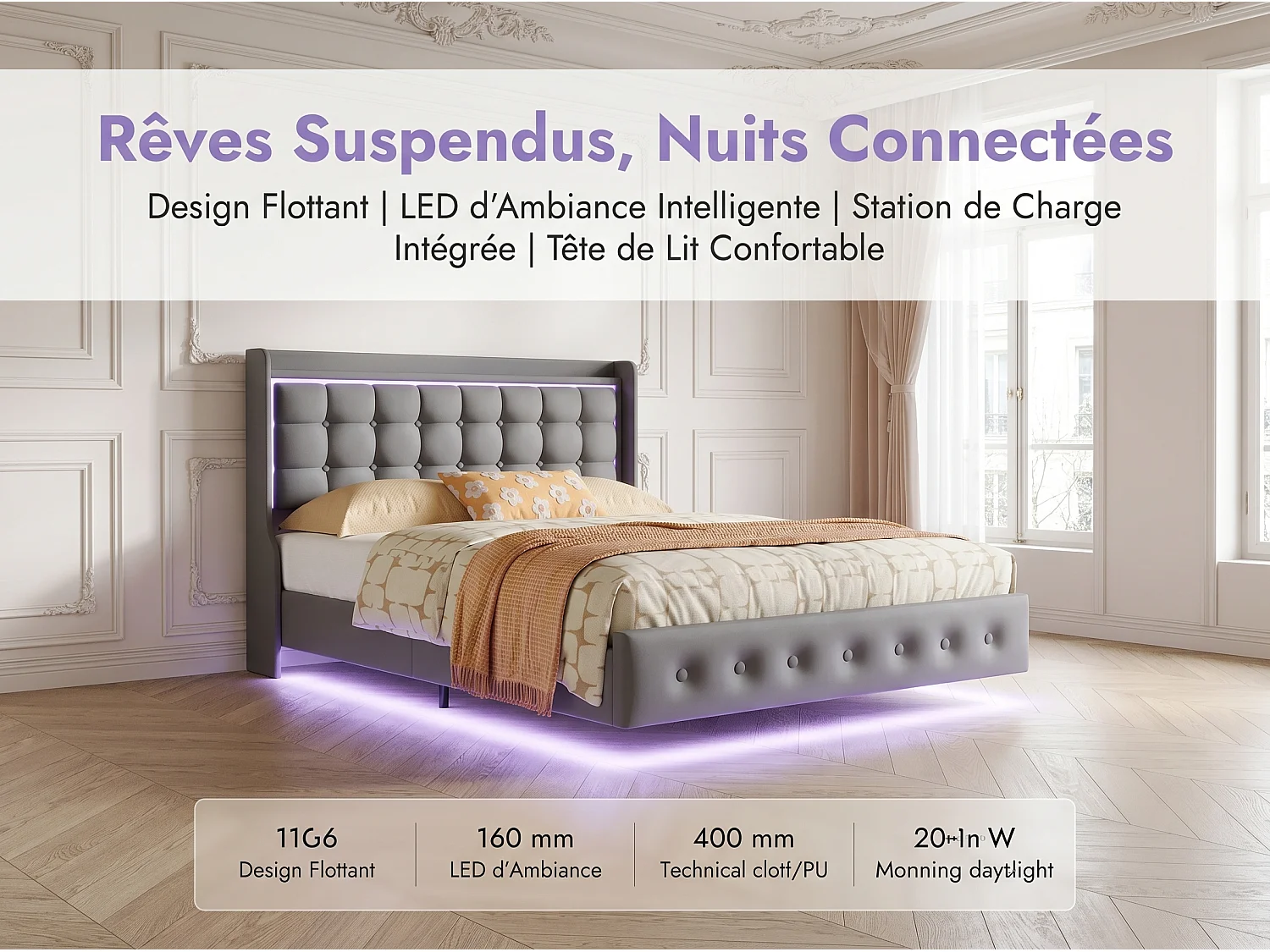 Lit flottant 140x200 cm Gris, lit double rembourré avec LED intégrée, tête de lit capitonnée, sommier à lattes inclus