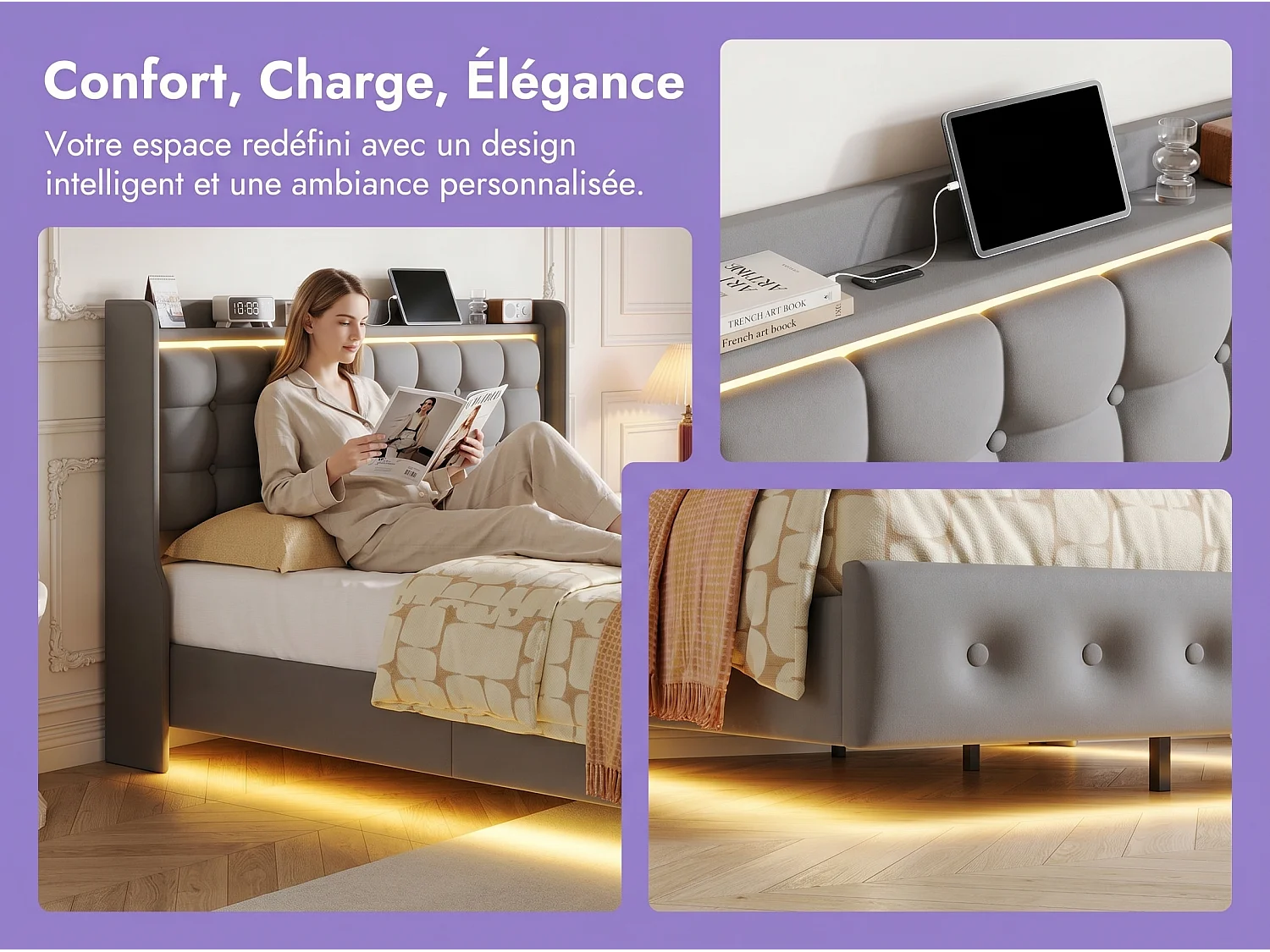 Lit flottant 140x200 cm Gris, lit double rembourré avec LED intégrée, tête de lit capitonnée, sommier à lattes inclus