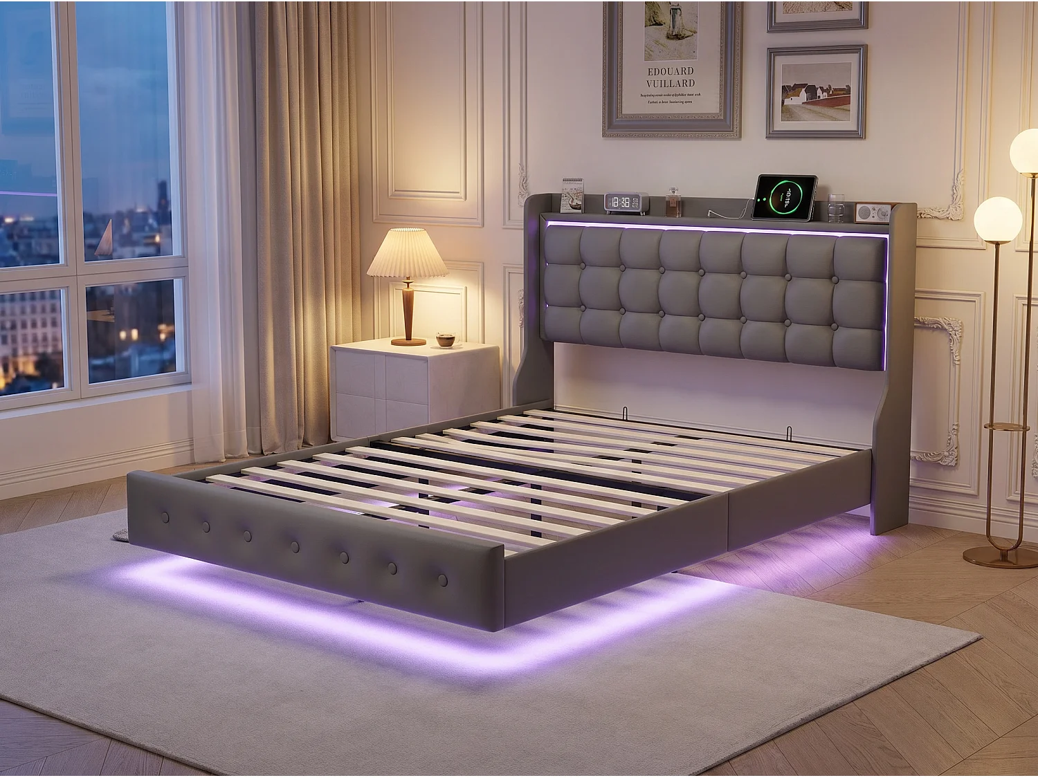 Lit flottant 140x200 cm Gris, lit double rembourré avec LED intégrée, tête de lit capitonnée, sommier à lattes inclus