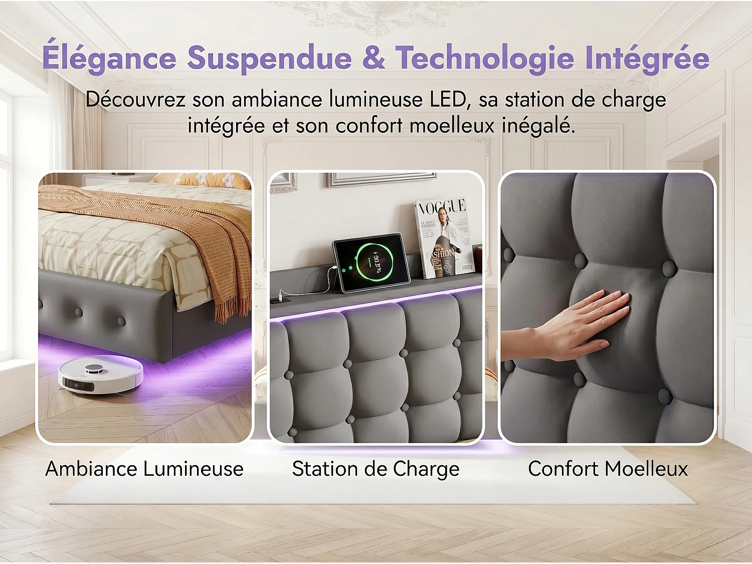 Lit flottant 140x200 cm Gris, lit double rembourré avec LED intégrée, tête de lit capitonnée, sommier à lattes inclus