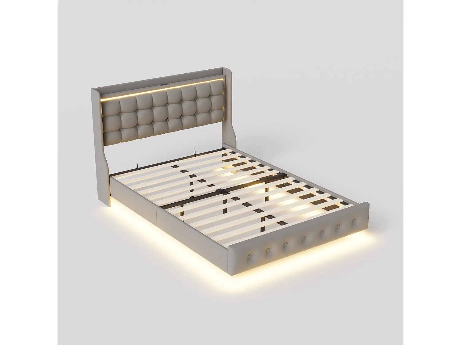 Lit flottant 140x200 cm Gris, lit double rembourré avec LED intégrée, tête de lit capitonnée, sommier à lattes inclus