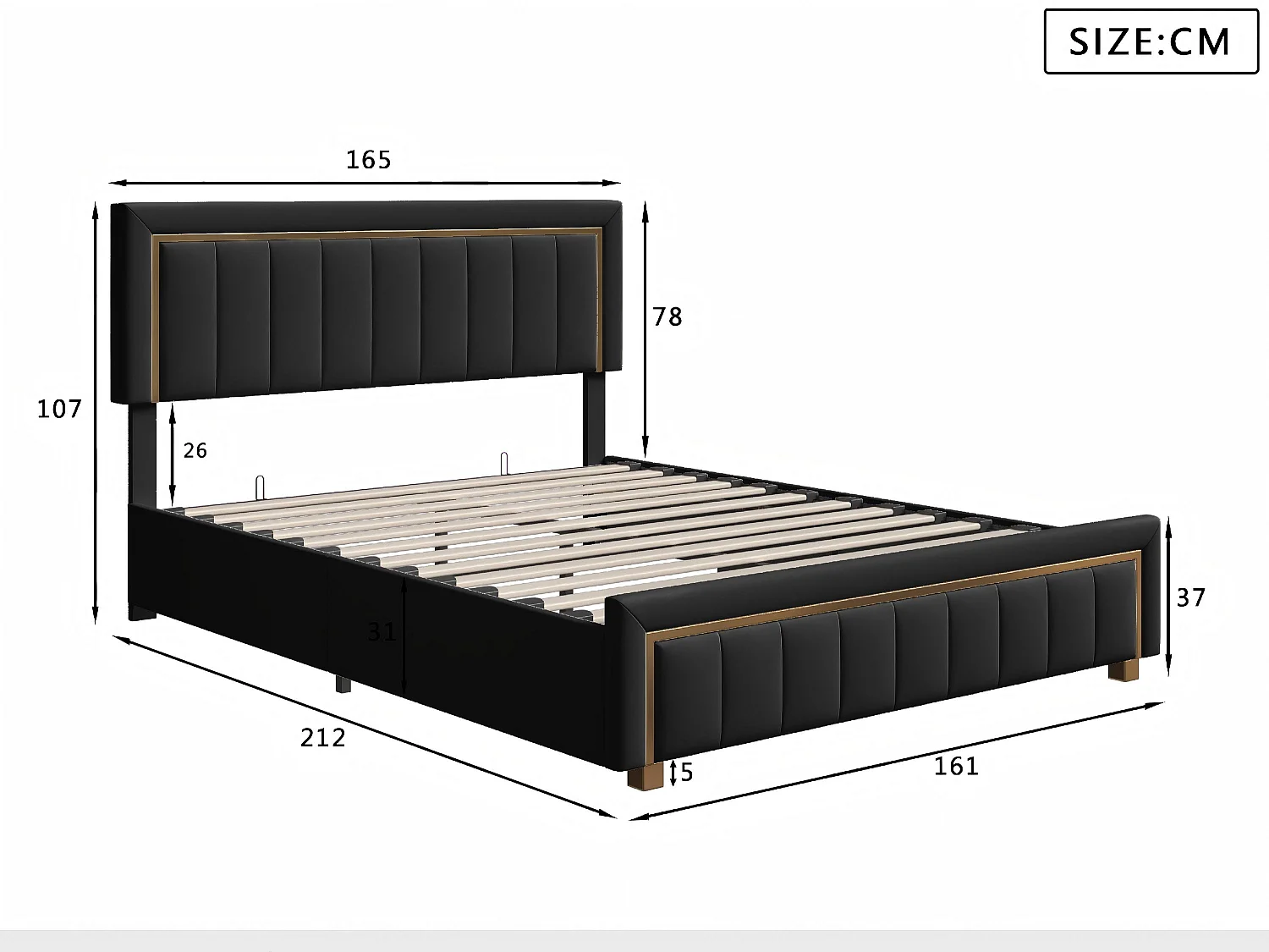 Lit coffre 160x200 cm Noir avec rangement hydraulique, lit double rembourré, tête de lit élégante, sommier à lattes inclus