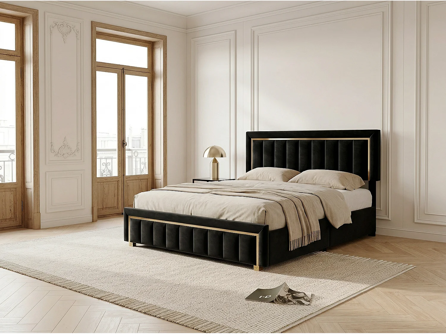 Lit coffre 160x200 cm Noir avec rangement hydraulique, lit double rembourré, tête de lit élégante, sommier à lattes inclus