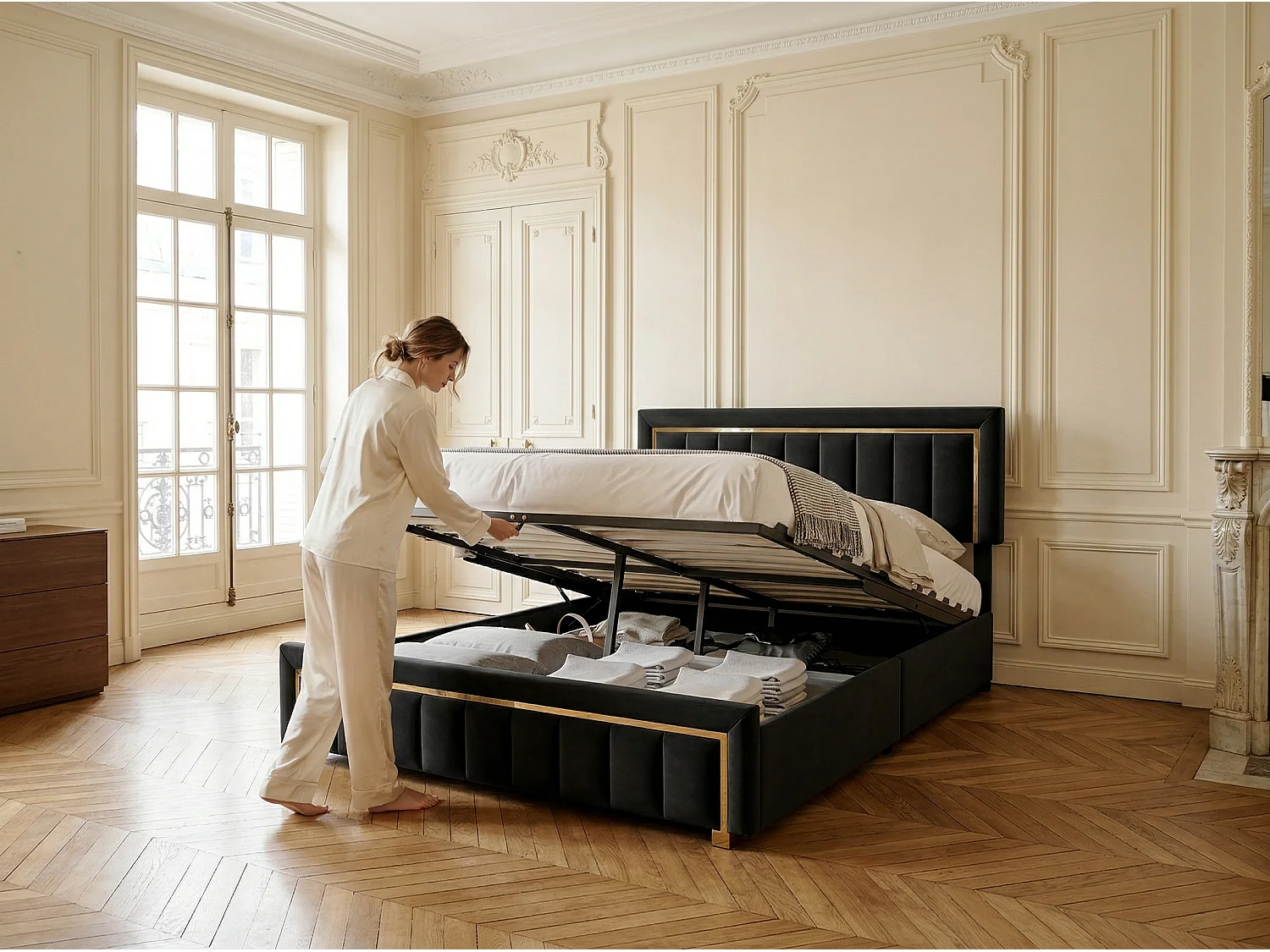 Lit coffre 160x200 cm Noir avec rangement hydraulique, lit double rembourré, tête de lit élégante, sommier à lattes inclus