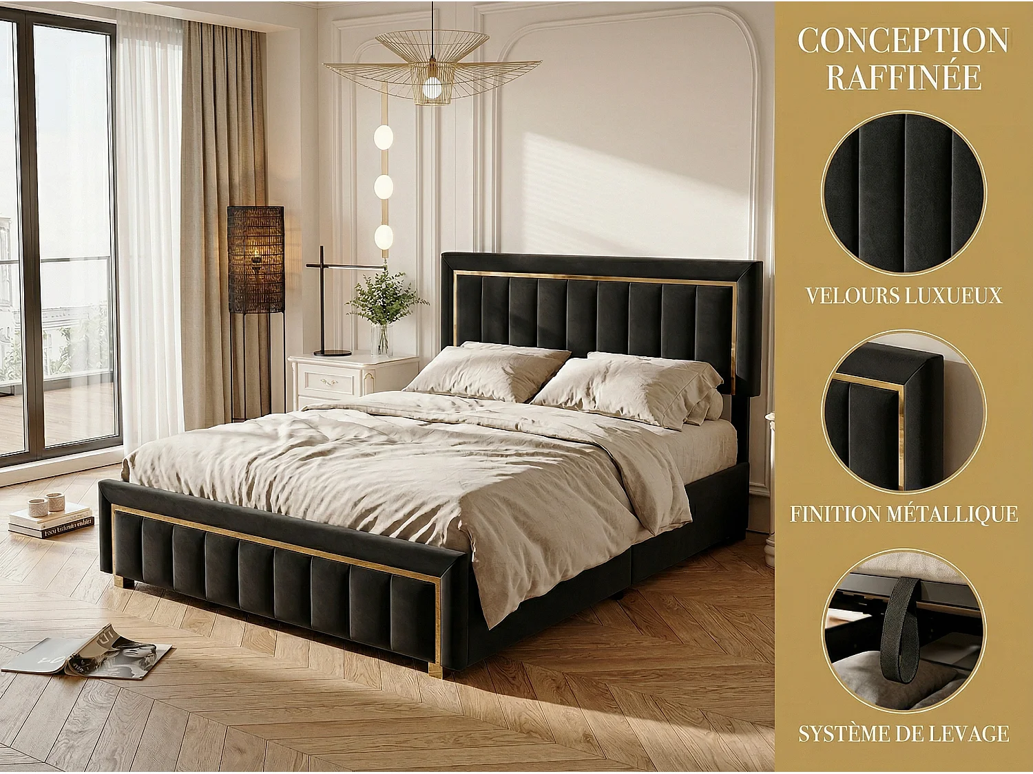 Lit coffre 160x200 cm Noir avec rangement hydraulique, lit double rembourré, tête de lit élégante, sommier à lattes inclus