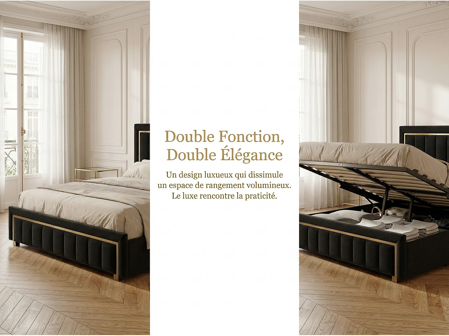 Lit coffre 160x200 cm Noir avec rangement hydraulique, lit double rembourré, tête de lit élégante, sommier à lattes inclus