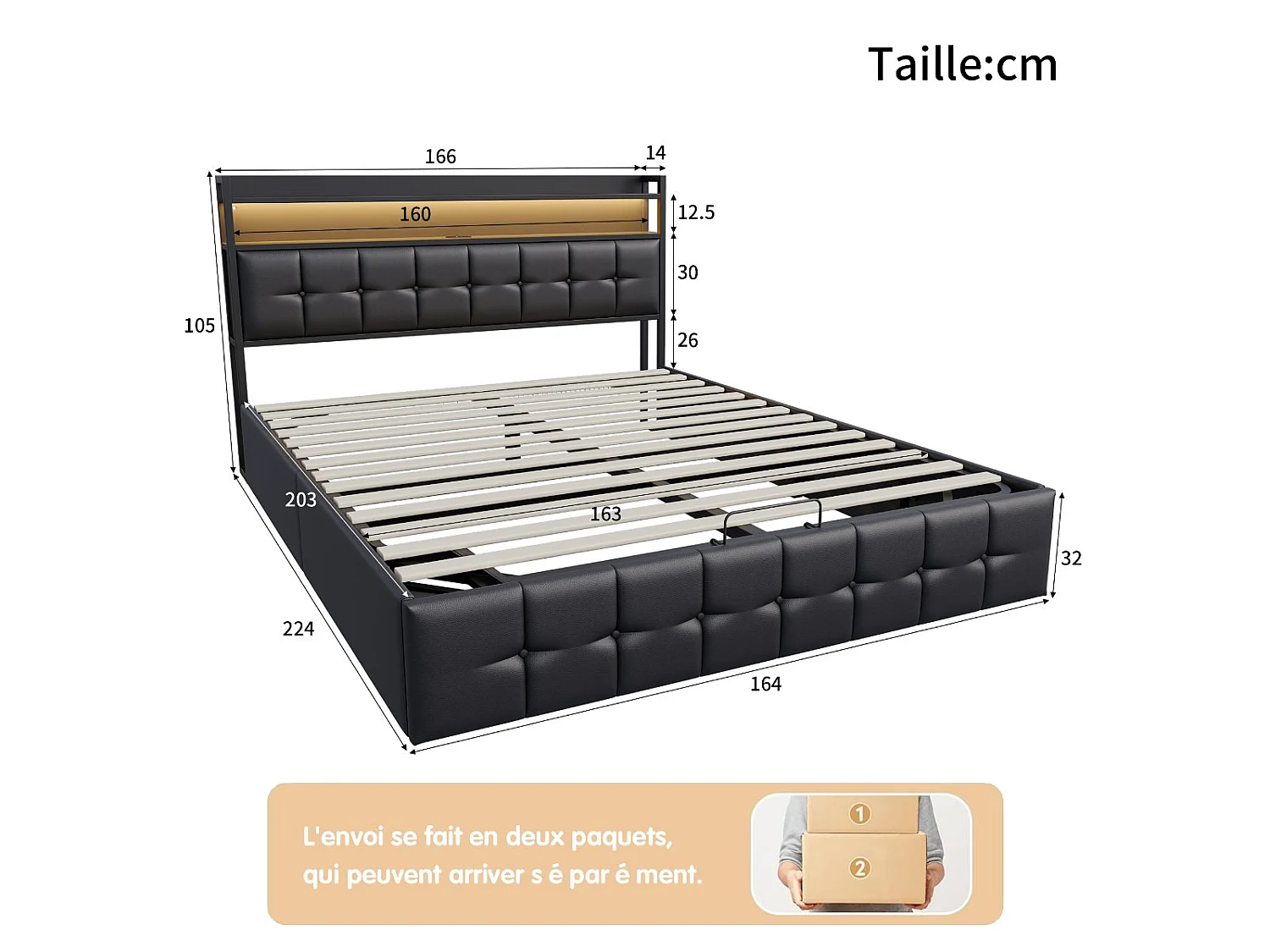 Lit coffre 160x200 cm avec tête de lit capitonnée, rangement spacieux, éclairage LED, ports USB, sommier inclus,  Noir