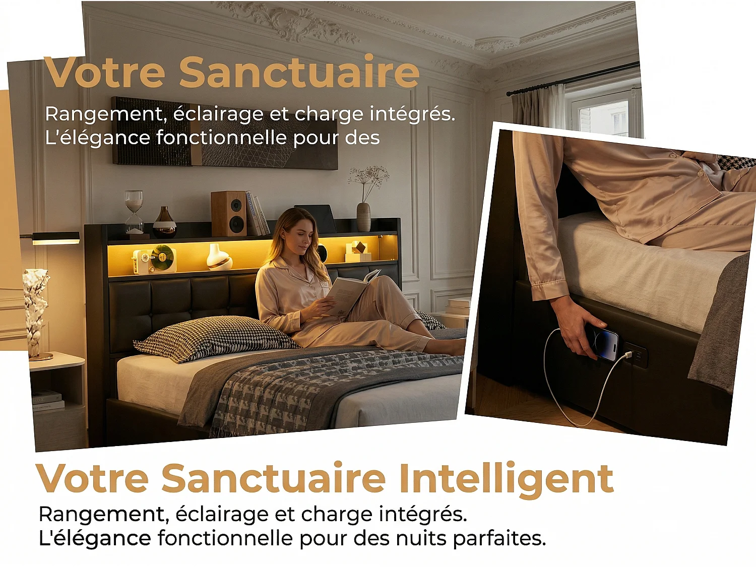 Lit coffre 160x200 cm avec tête de lit capitonnée, rangement spacieux, éclairage LED, ports USB, sommier inclus,  Noir