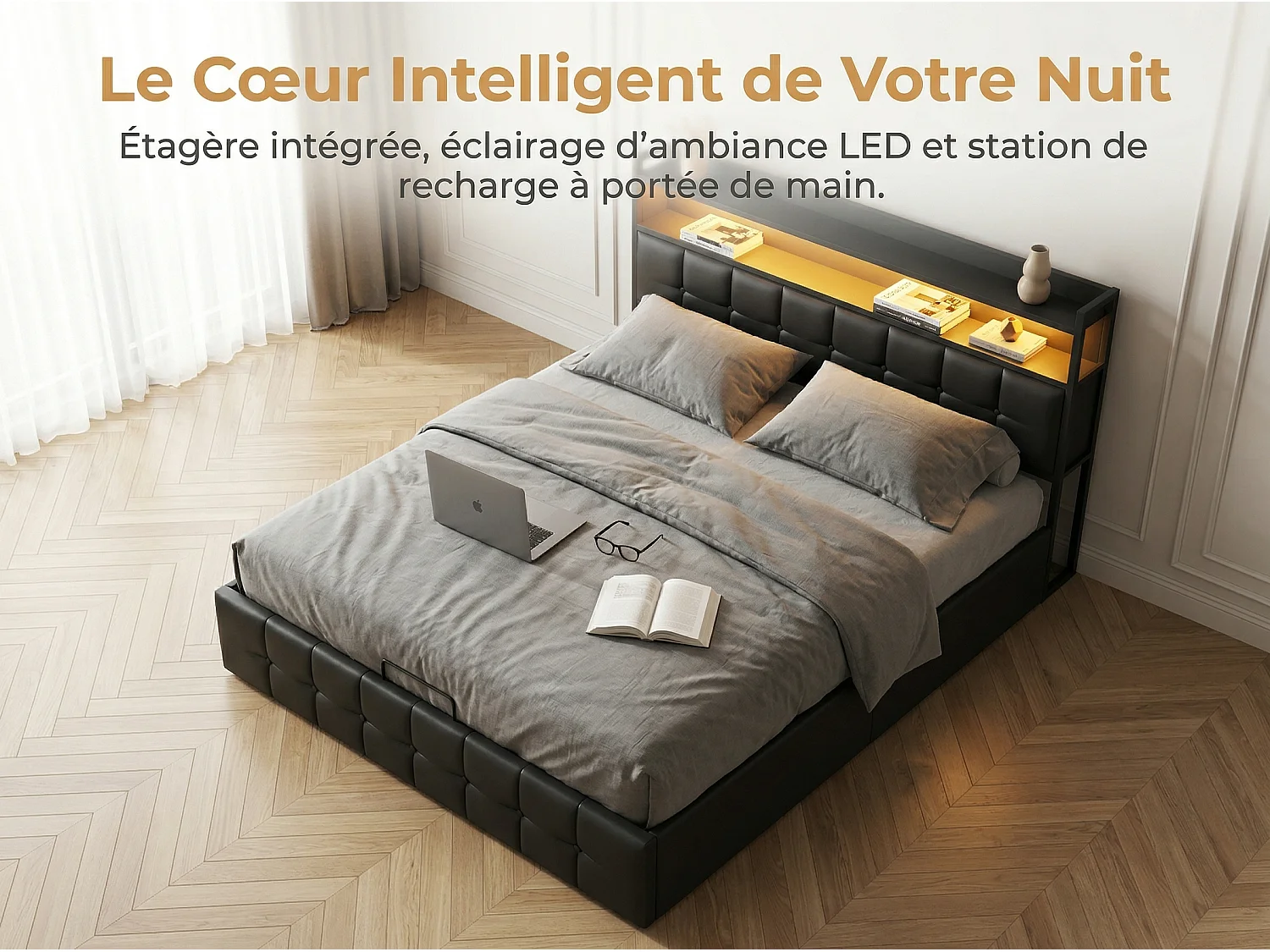 Lit coffre 160x200 cm avec tête de lit capitonnée, rangement spacieux, éclairage LED, ports USB, sommier inclus,  Noir