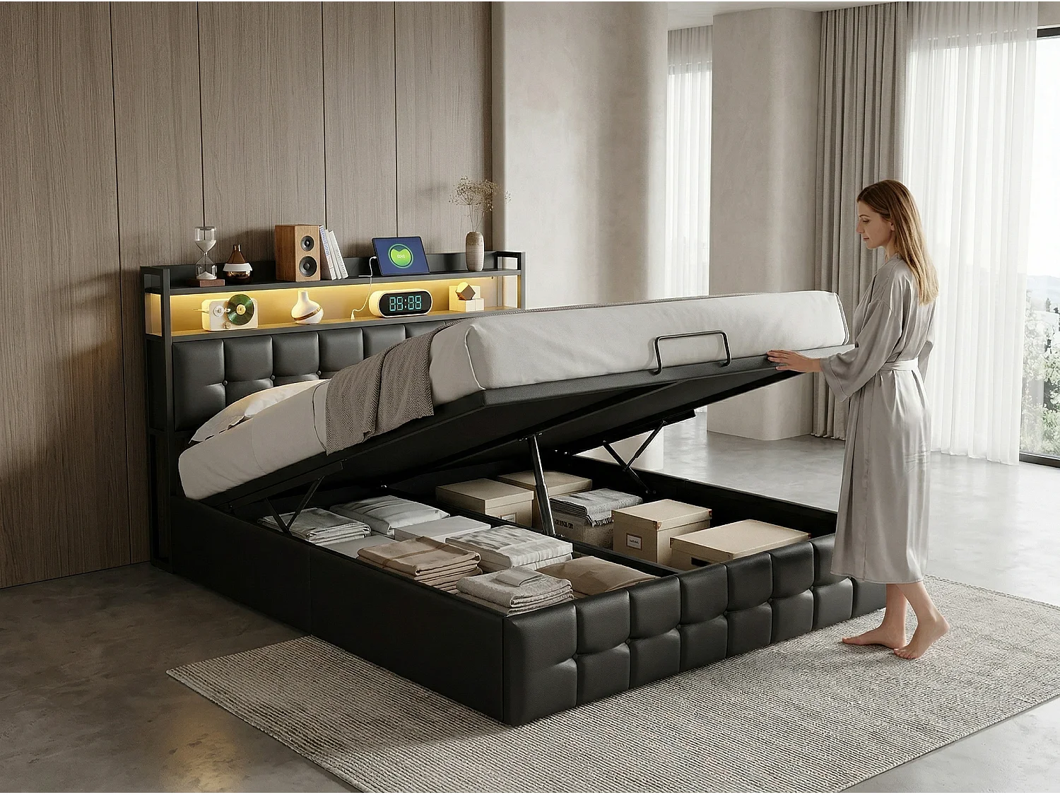 Lit coffre 160x200 cm avec tête de lit capitonnée, rangement spacieux, éclairage LED, ports USB, sommier inclus,  Noir