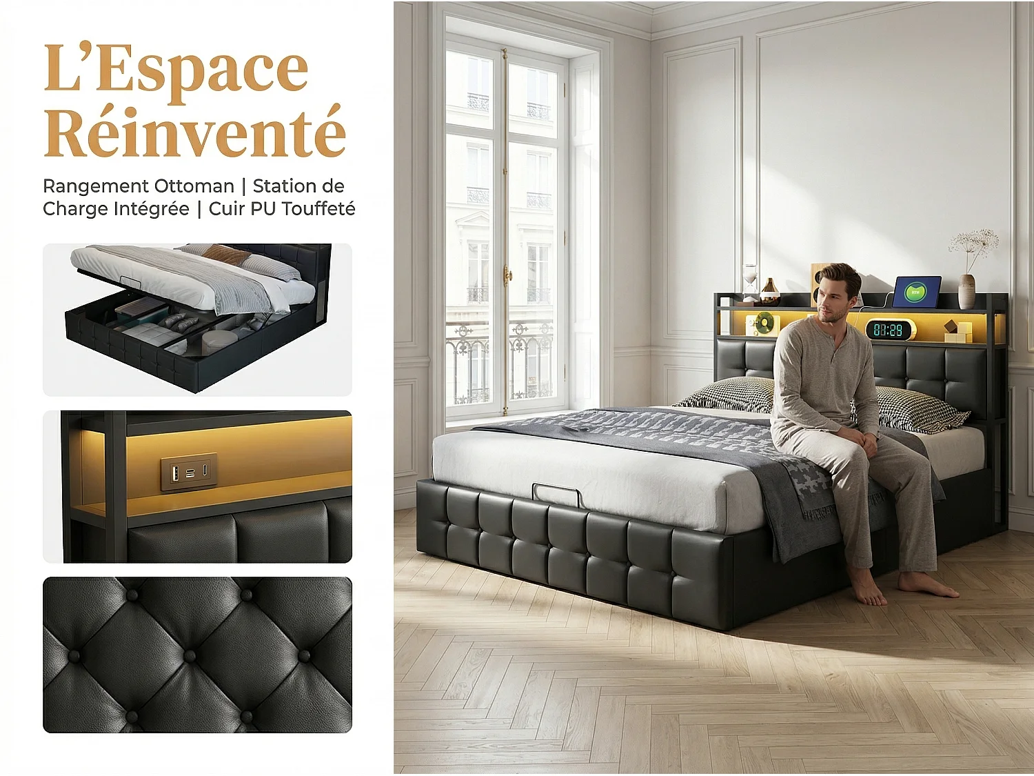 Lit coffre 160x200 cm avec tête de lit capitonnée, rangement spacieux, éclairage LED, ports USB, sommier inclus,  Noir