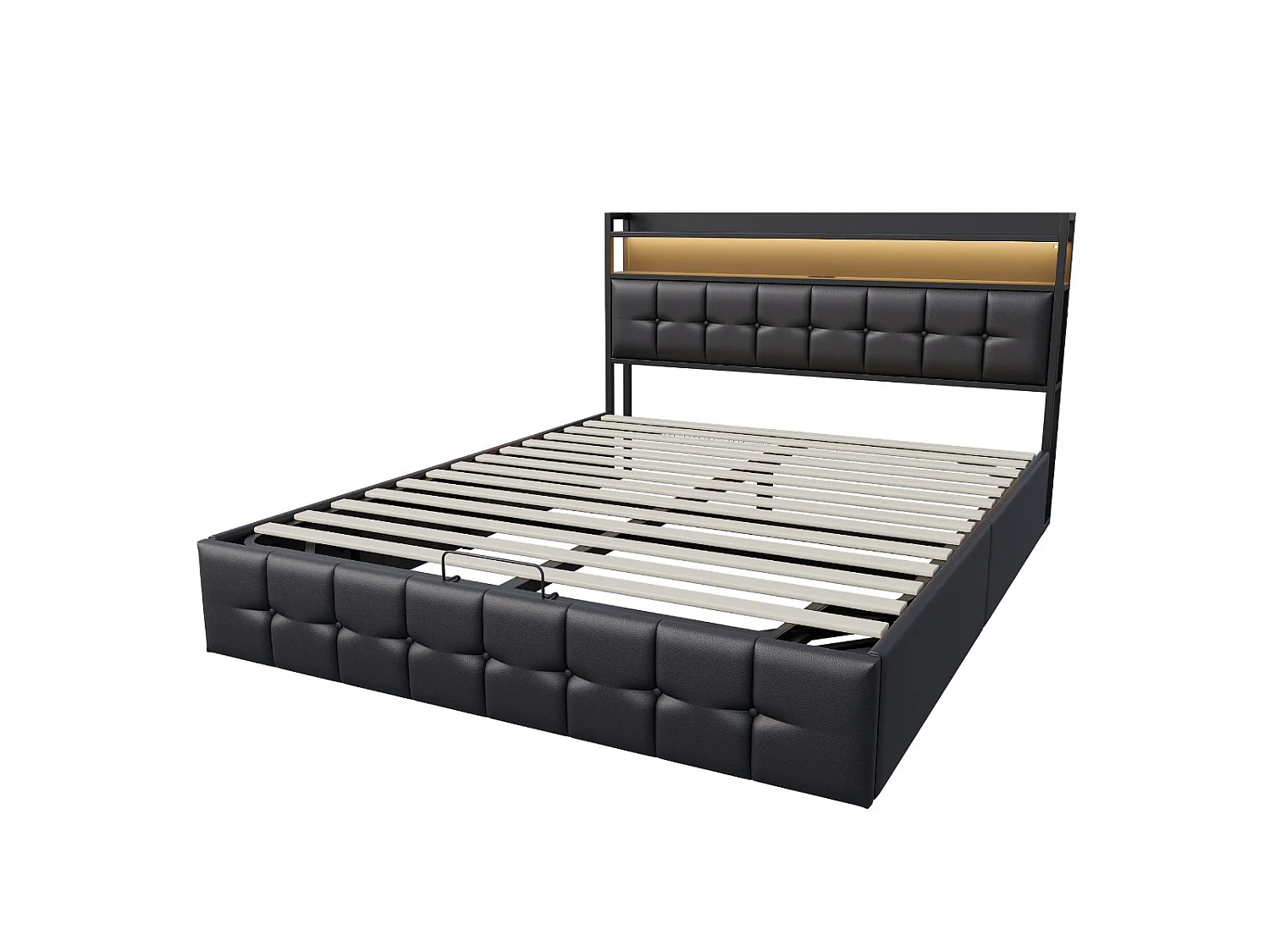 Lit coffre 160x200 cm avec tête de lit capitonnée, rangement spacieux, éclairage LED, ports USB, sommier inclus,  Noir