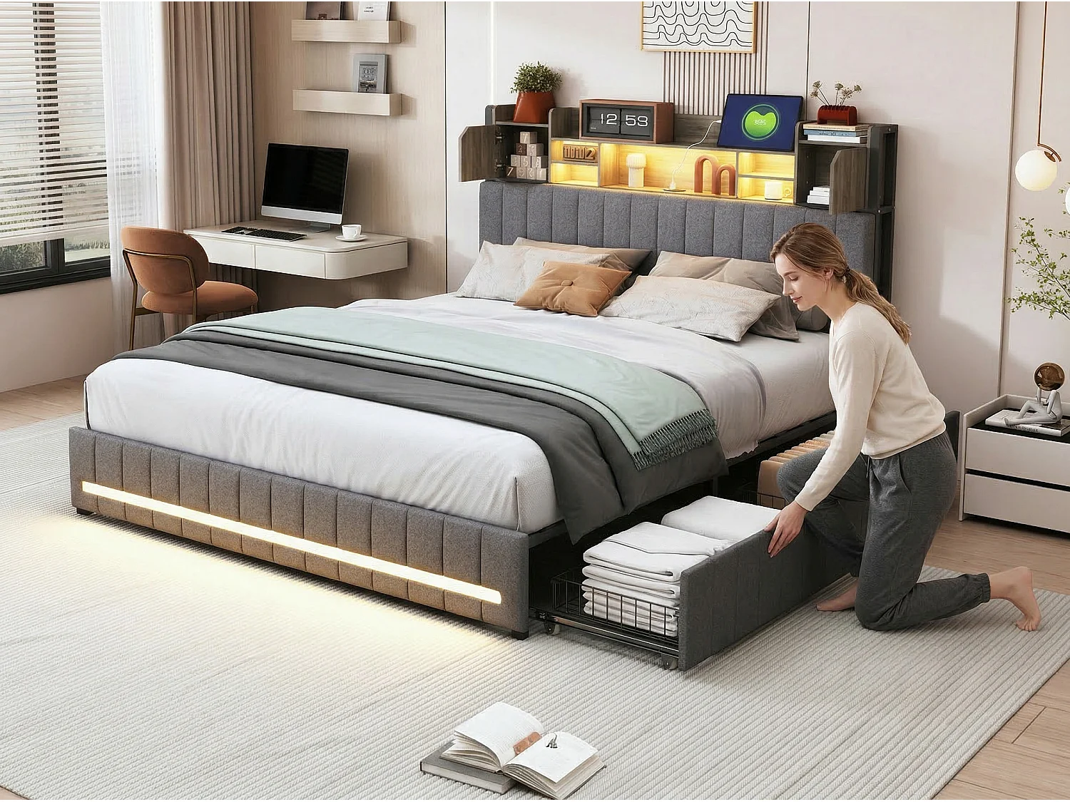 Lit coffre 160x200 cm en lin gris avec rangements, lit double avec tiroirs, tête de lit avec étagère LED intégrée, sommier inclus