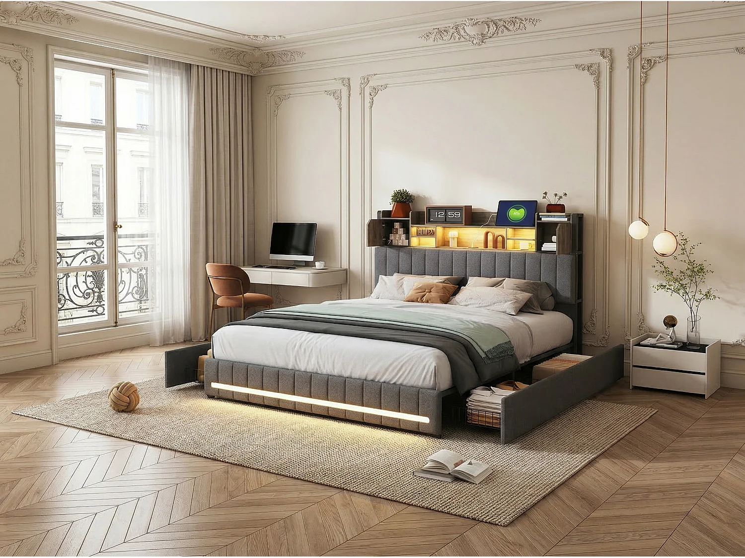 Lit coffre 160x200 cm en lin gris avec rangements, lit double avec tiroirs, tête de lit avec étagère LED intégrée, sommier inclus
