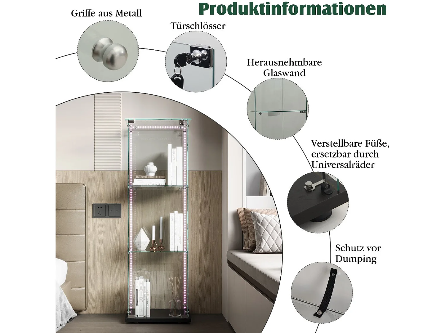 Vitrine en Verre avec LED, Armoir de Vitrine pour Collection Moderne avec 2 Portes et 3 étagères en Verre ESG, pour Le Bar, Le Salon, 79 x 35 x 124 cm, Blanc