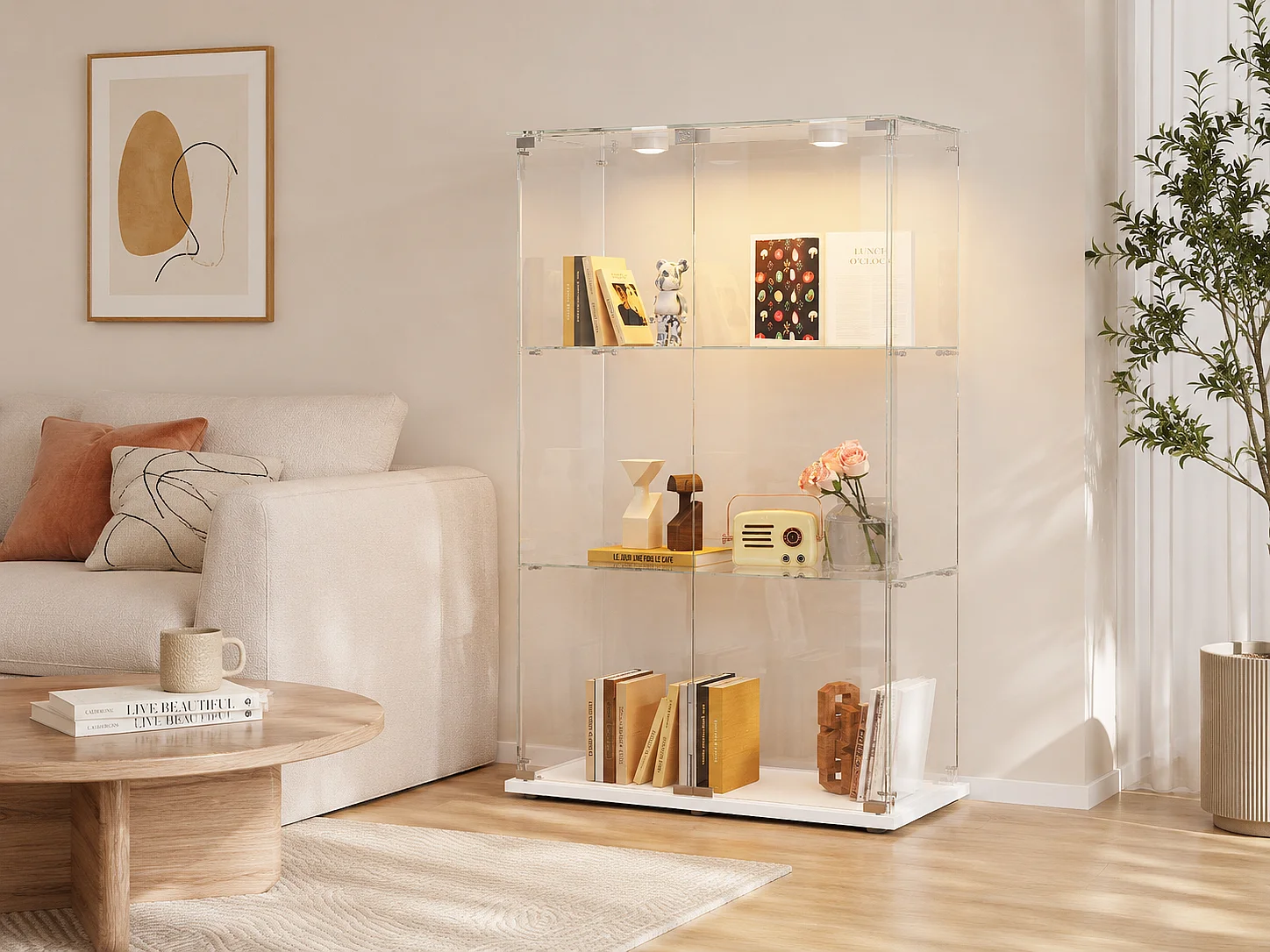 Vitrine en Verre avec LED, Armoir de Vitrine pour Collection Moderne avec 2 Portes et 3 étagères en Verre ESG, pour Le Bar, Le Salon, 79 x 35 x 124 cm, Blanc