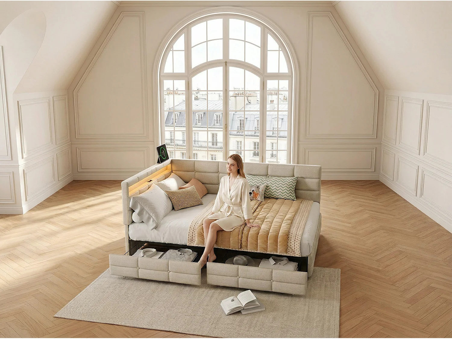 Lit coffre 140x200 cm beige avec rangement, lit double rembourré avec 2 tiroirs, tête de lit avec étagère et sommier à lattes inclus
