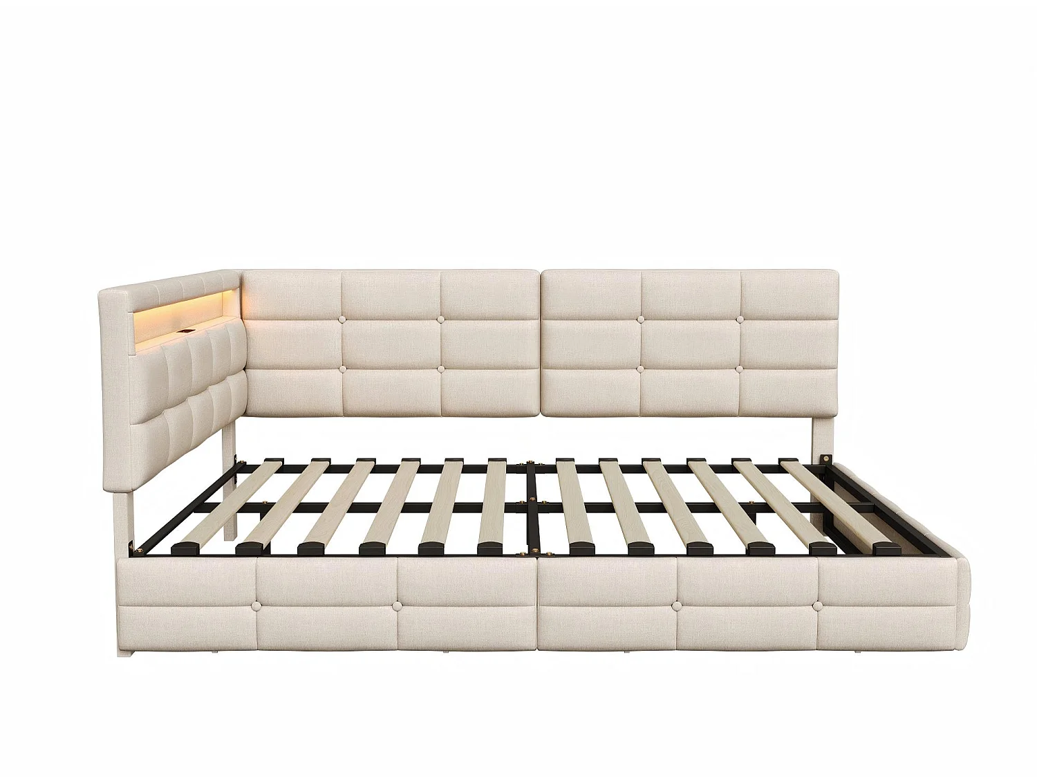 Lit coffre 140x200 cm beige avec rangement, lit double rembourré avec 2 tiroirs, tête de lit avec étagère et sommier à lattes inclus