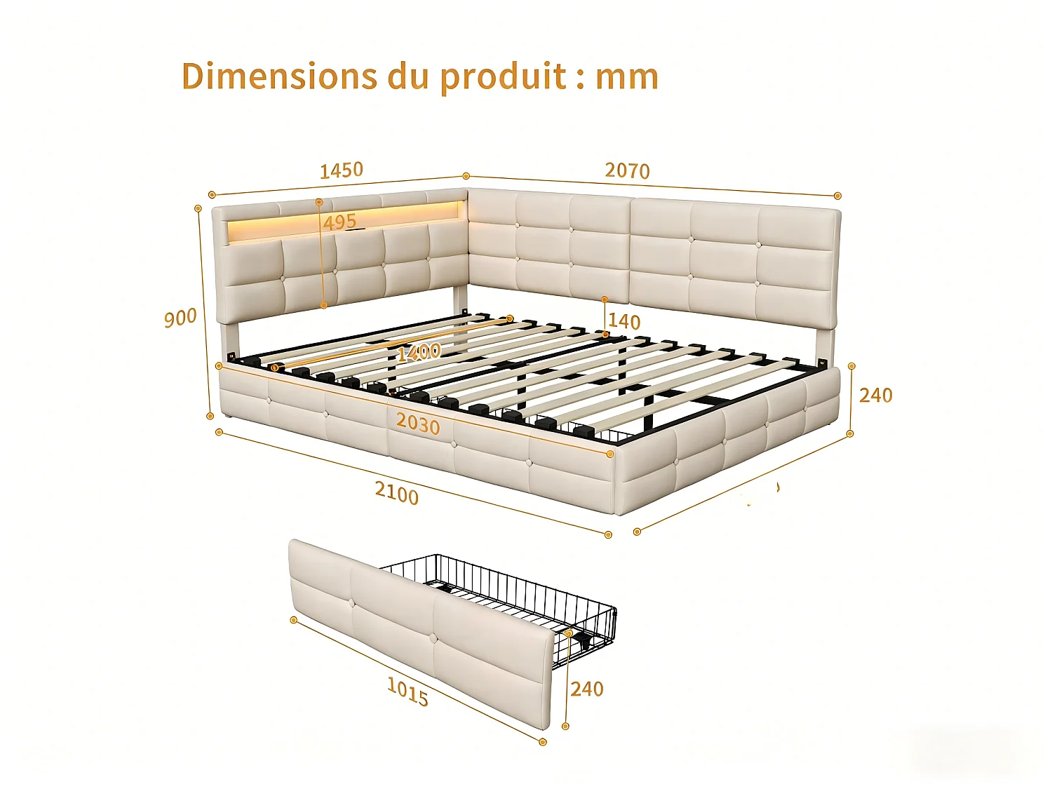 Lit coffre 140x200 cm beige avec rangement, lit double rembourré avec 2 tiroirs, tête de lit avec étagère et sommier à lattes inclus