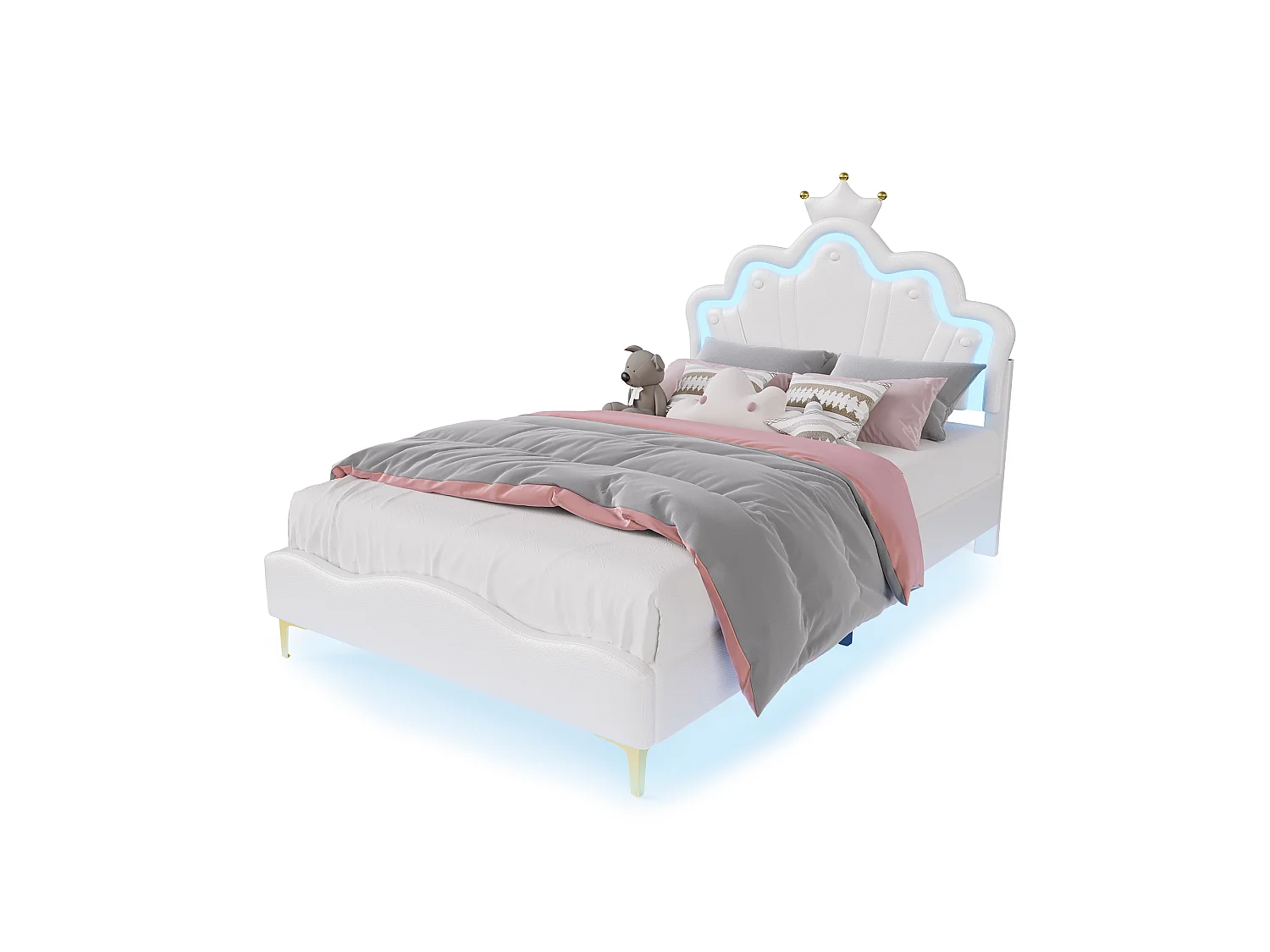 Lit enfant 140x190 cm Blanc avec tête de lit couronne rembourrée, éclairage LED et sommier – Lit une place design princesse