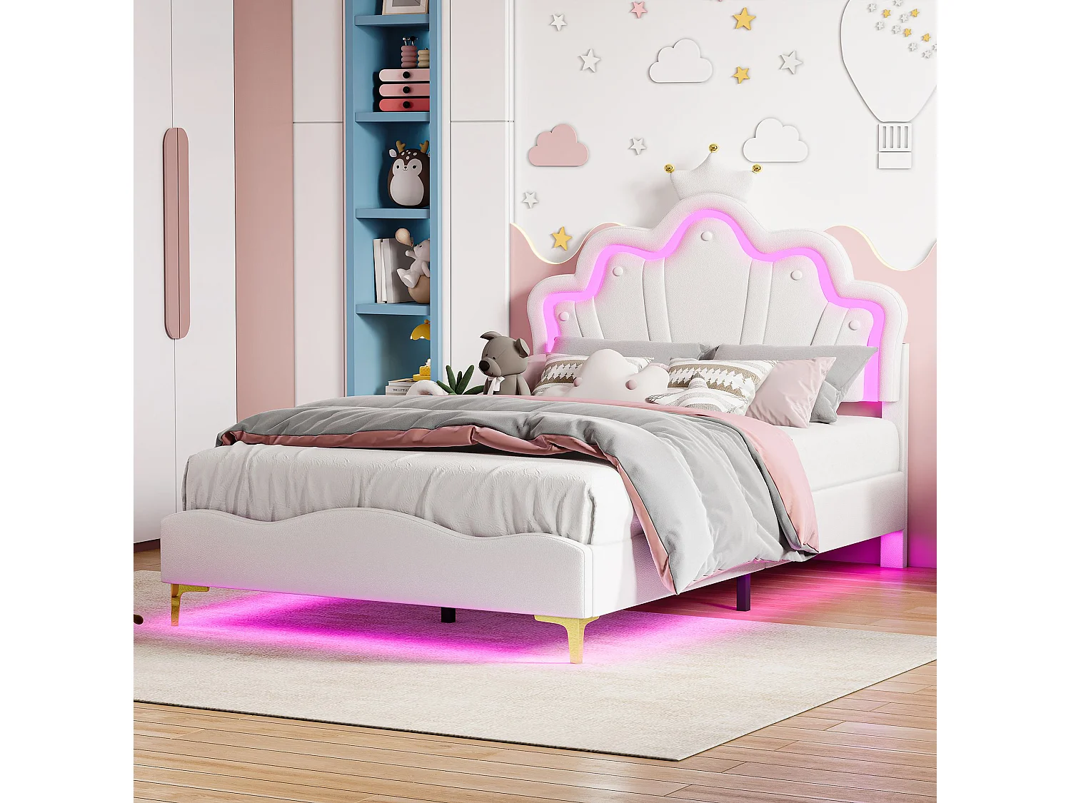 Lit enfant 140x190 cm Blanc avec tête de lit couronne rembourrée, éclairage LED et sommier – Lit une place design princesse