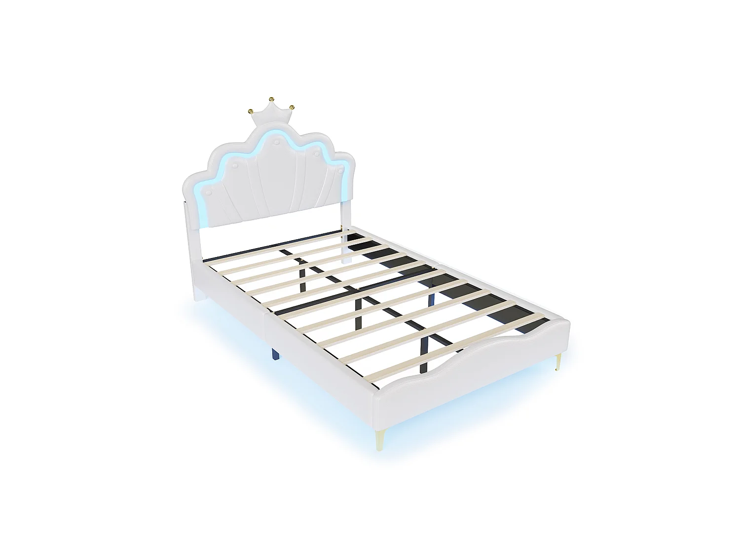 Lit enfant 140x190 cm Blanc avec tête de lit couronne rembourrée, éclairage LED et sommier – Lit une place design princesse