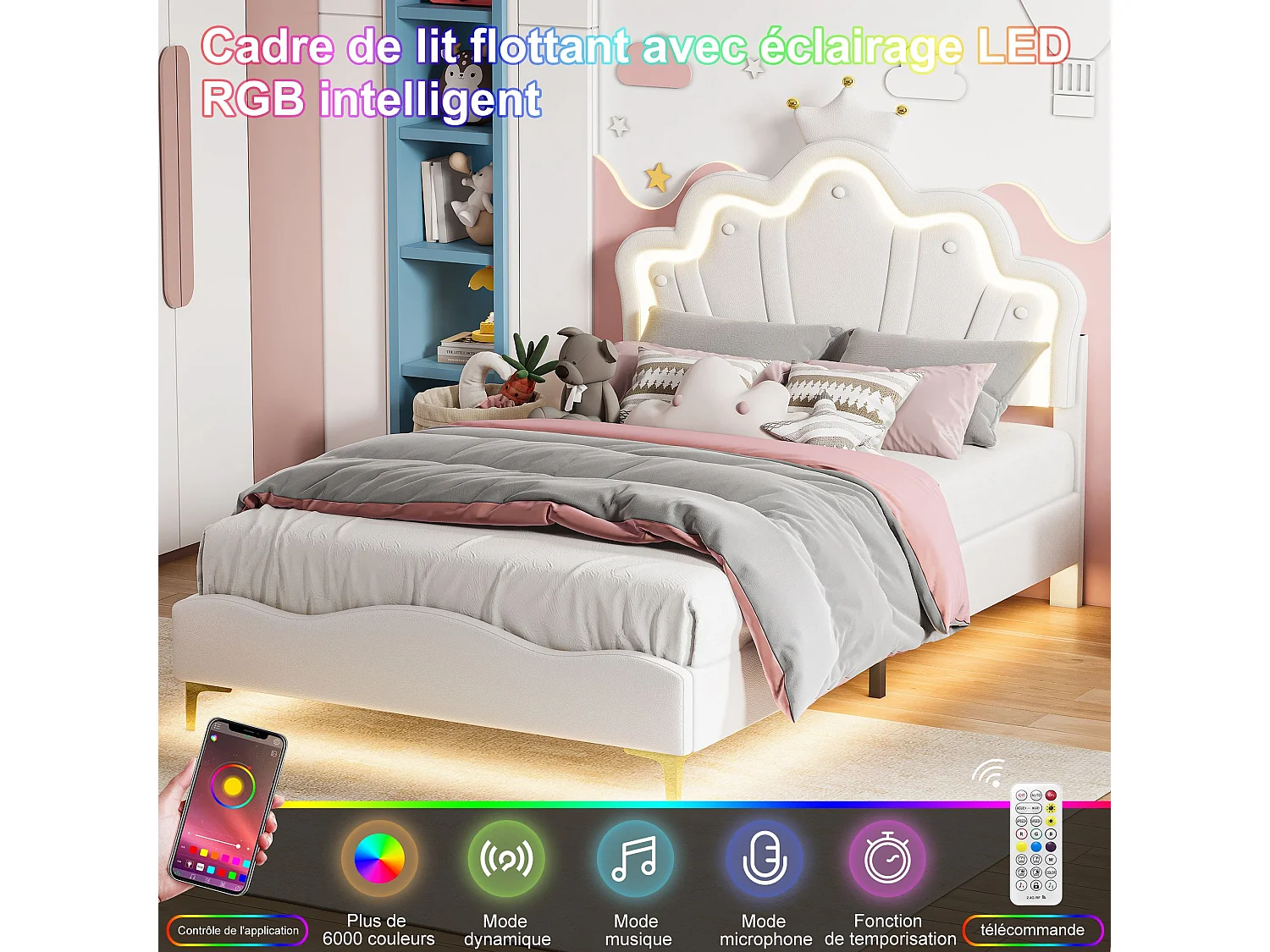 Lit enfant 140x190 cm Blanc avec tête de lit couronne rembourrée, éclairage LED et sommier – Lit une place design princesse