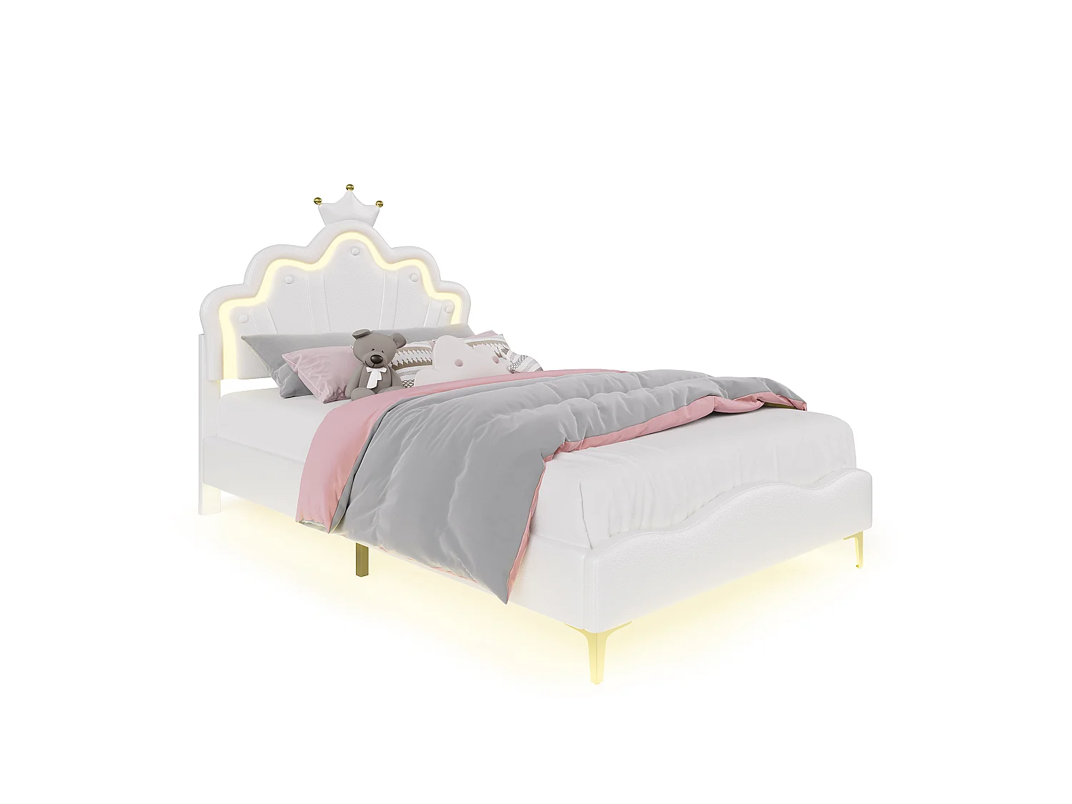 Lit enfant 140x190 cm Blanc avec tête de lit couronne rembourrée, éclairage LED et sommier – Lit une place design princesse